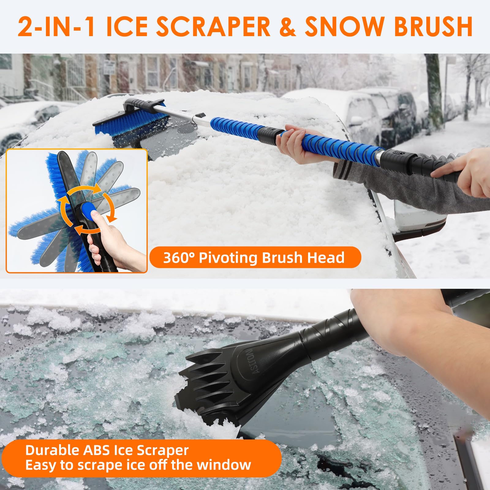 Astroai 62.4'' Ice Scraper And Extendable Snow Scraper For Car Windshield With Foam Grip And 360