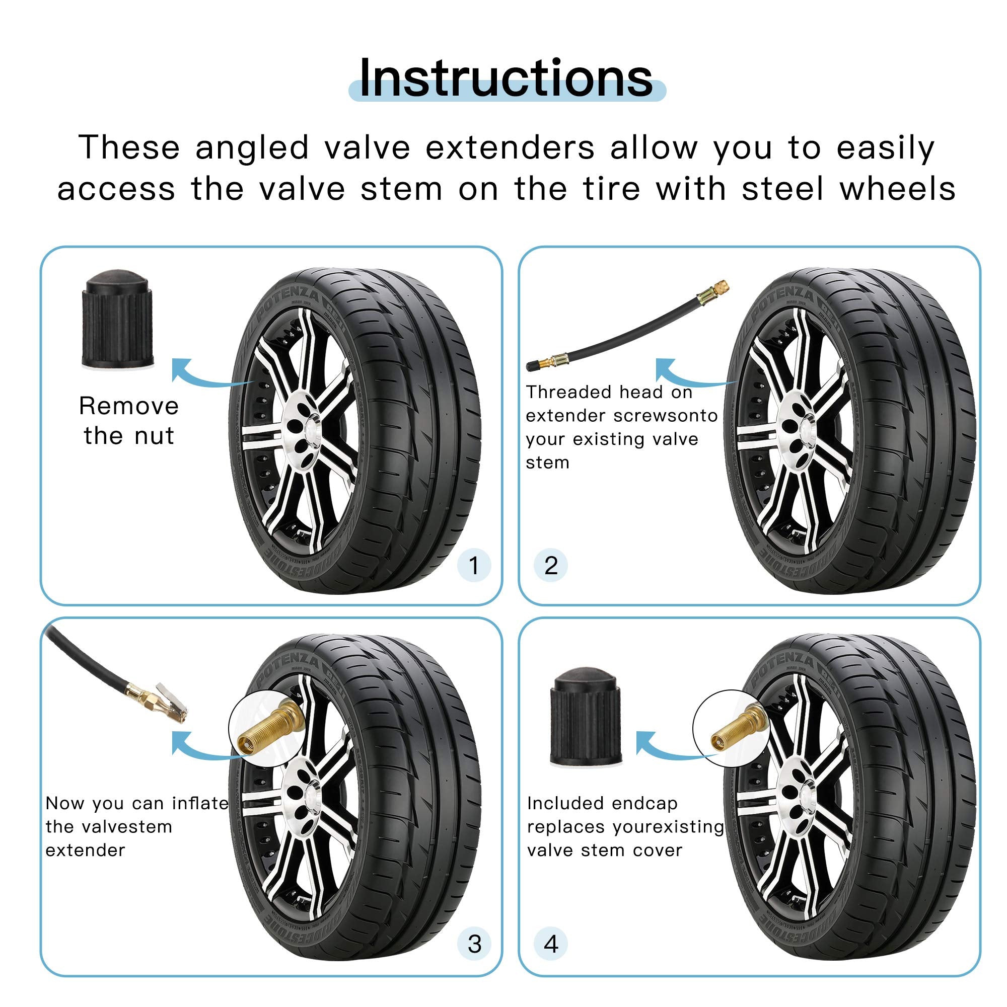 Mellbree Tire Valve Extensions, 8.25 Inch Flexible Schrader Tire Valve Stem Extension With 90 Degree Schrader Tire Valve Stem Ex