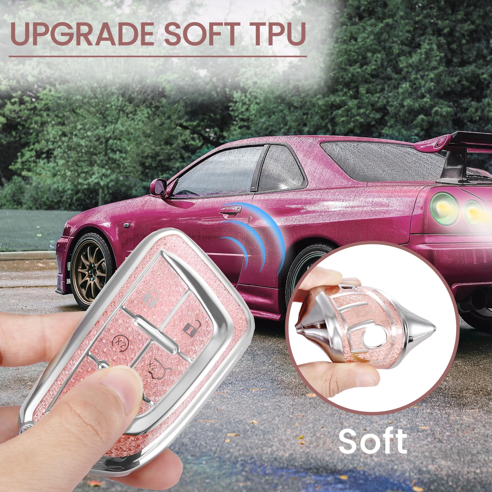 Ctrinews For Cadillac Key Fob Cover With Fashionable Zirconia Wristlet Keychain,Enchanting Diamond Patterns Soft Case For Escala