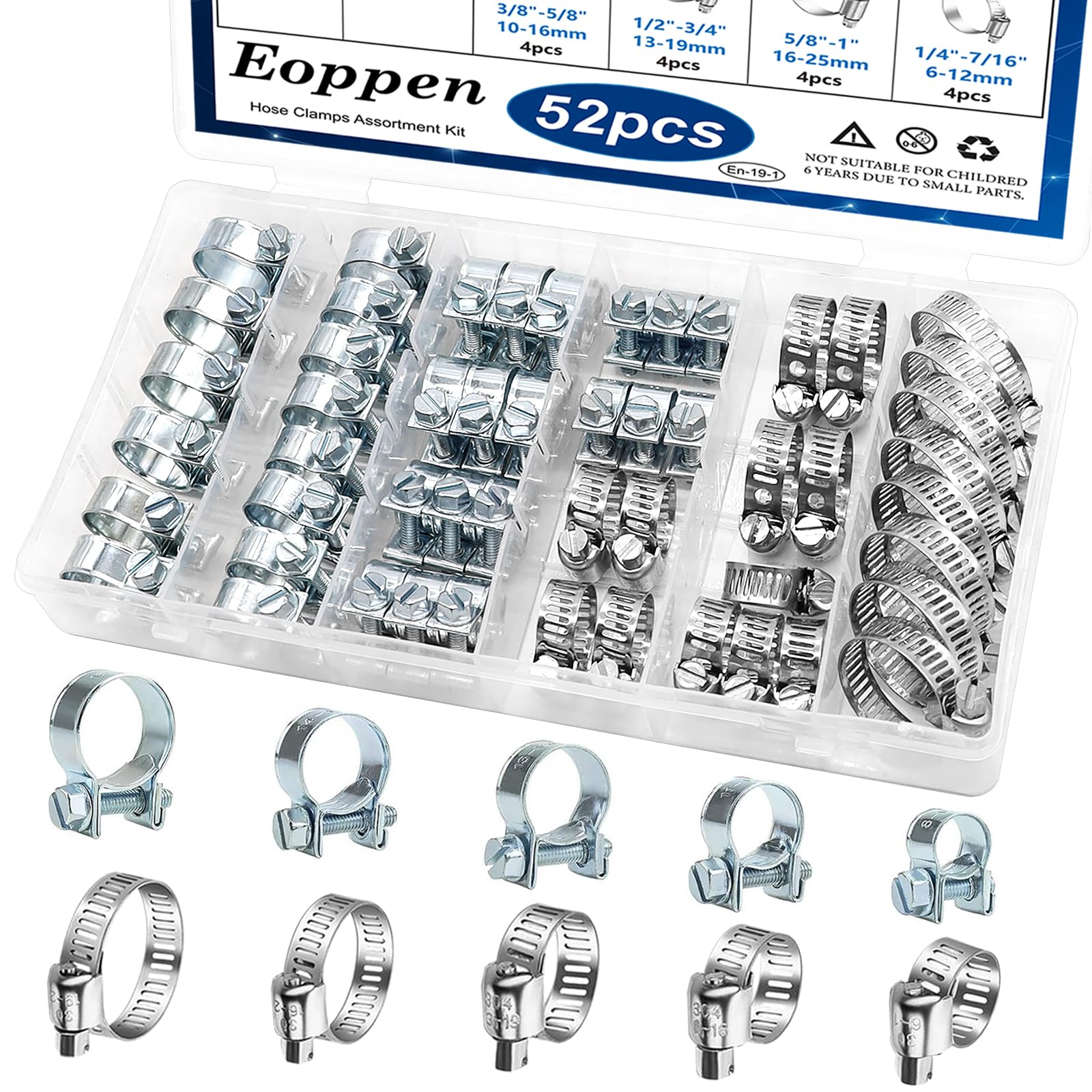 Eoppen 52Pcs Fuel Line Clamp Assortment Kit, 8-18mm Fuel Injection Gas Line Hose Clamps & Adjustable 1/4Inch - 1-1/8Inch(6-29mm)
