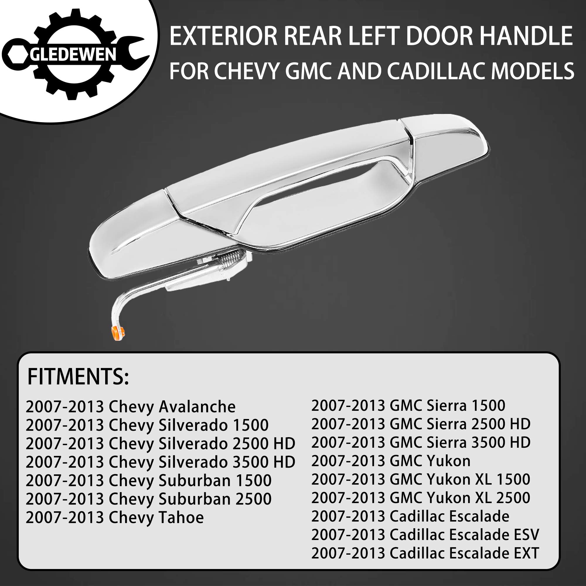Exterior Chrome Door Handle Rear Left Driver Side | For 2007-2013 Chevy Silverado Suburban Tahoe Avalanche, Gmc Sierra Yukon, Cadillac Escalade | Replaces# 22738725, 15915659, 25960521, 80105