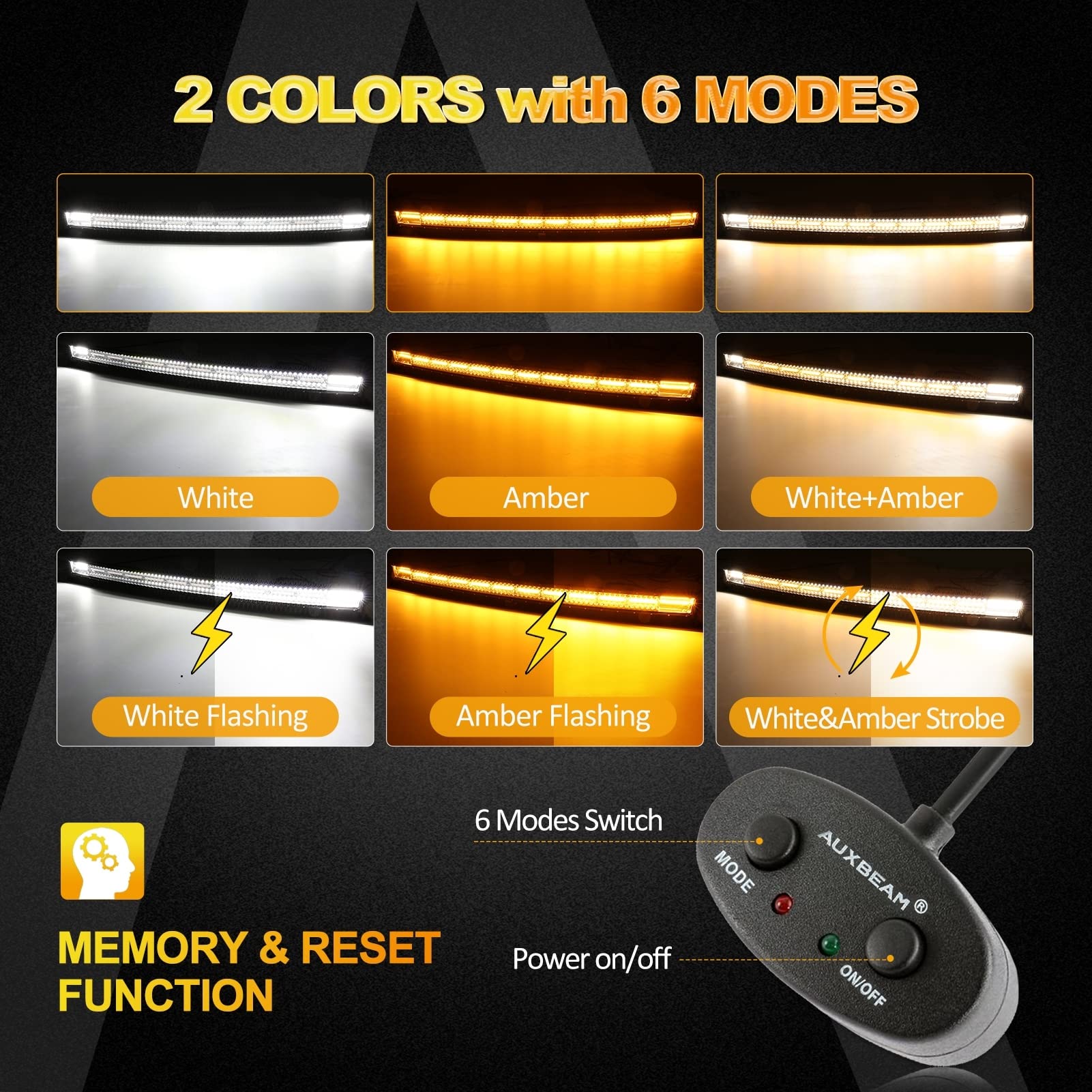 Auxbeam 50 Inch Led Light Bar, 288W Curved Amber White Strobe Lights, 6 Modes Spot Flood Combo Beam Fog Memory Reset Function Dr