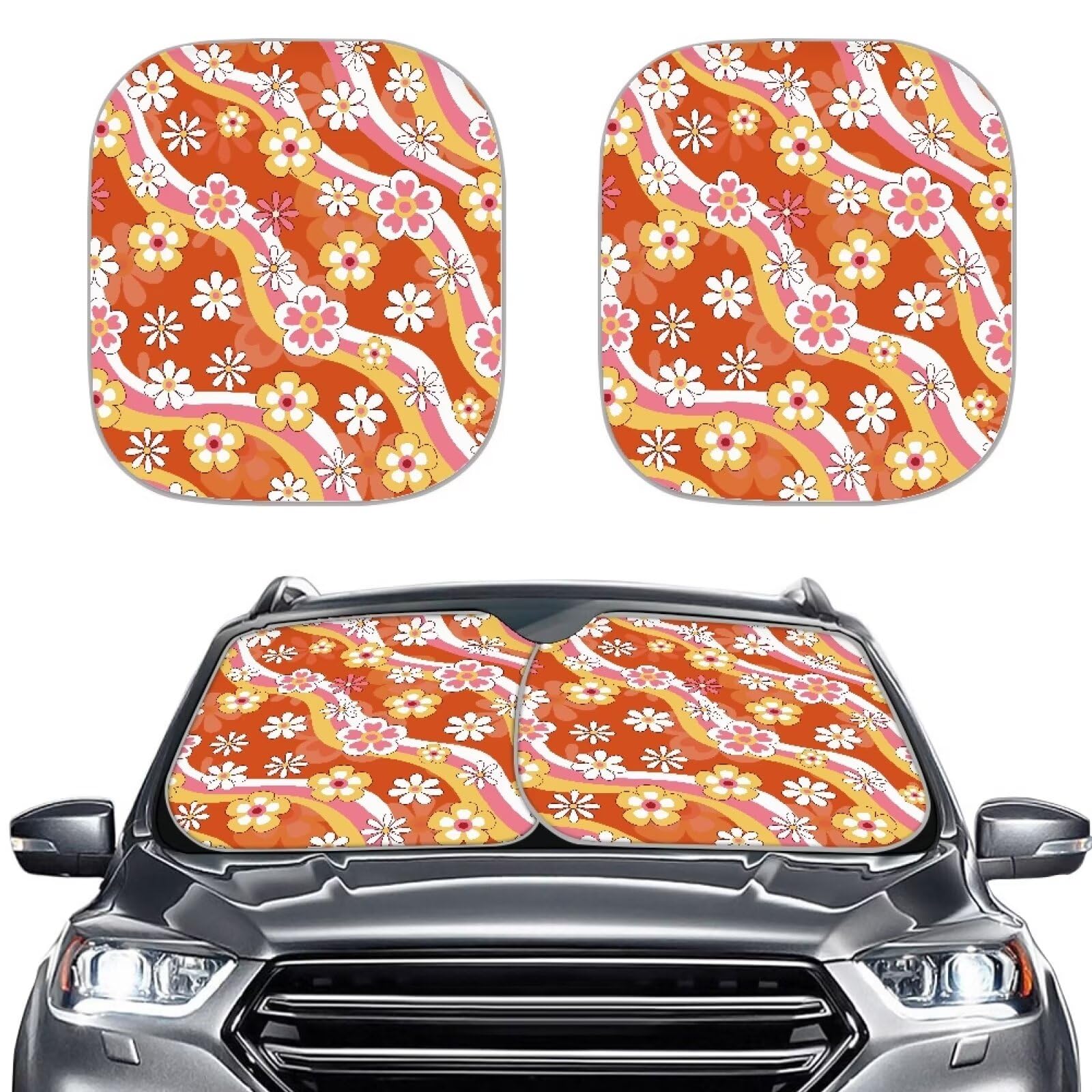 Renewold Universal Front Windshield Sunshade Hippie Flower Pattern Summer Car Window Covers Uv Rays Sun Shade Outdoor Protective