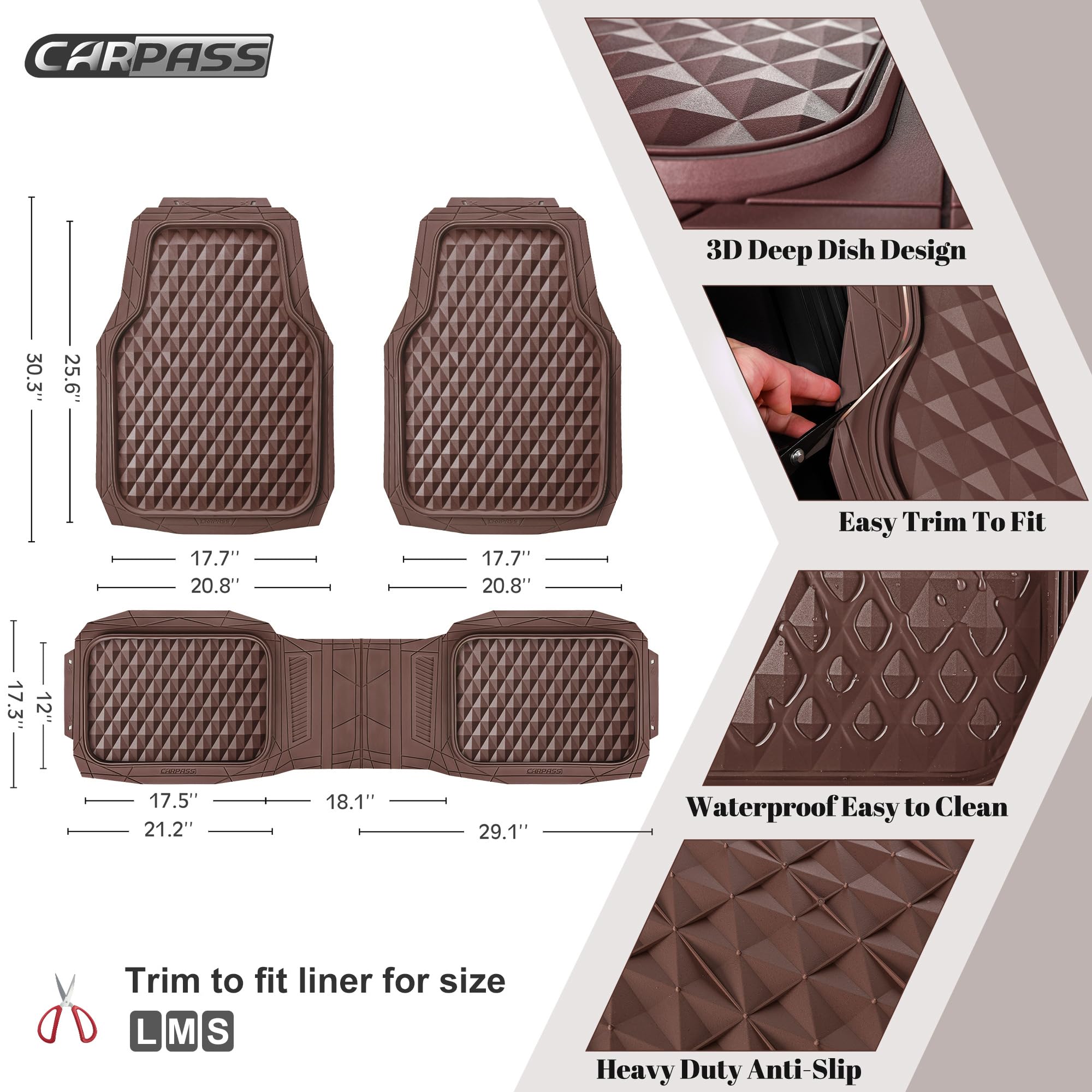Car Pass Heavy Duty Rubber Car Mats, Deep Dish All-Weather Floor Mat For Car Full Set Durable Anti-Slip 3D Rhombus Waterproof Tr