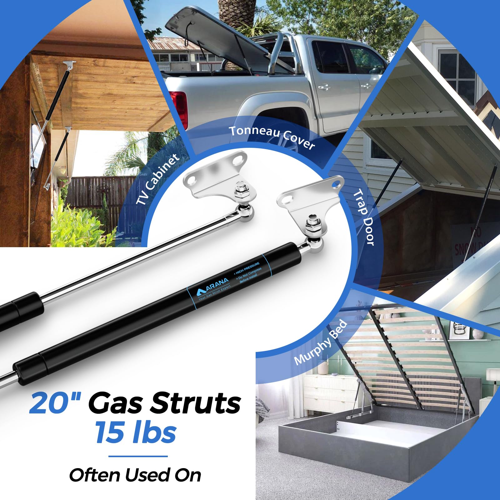 Arana Gas Struts 20 Inch 15Lb/67N Gas Shock Springs Props, 20'' Hydraulic Lift Support With Mounting Brackets For Boat Hatches T