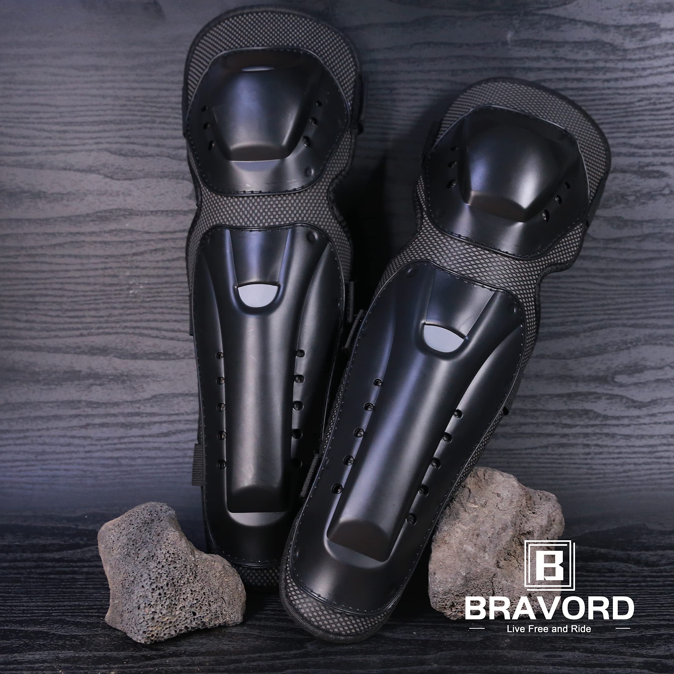 Bravord Motorcycle Knee Pads & Elbow Pads For Adults (4Pcs) Adjustable Knee Shin Guards For Cycling Skating Skateboarding (Knee