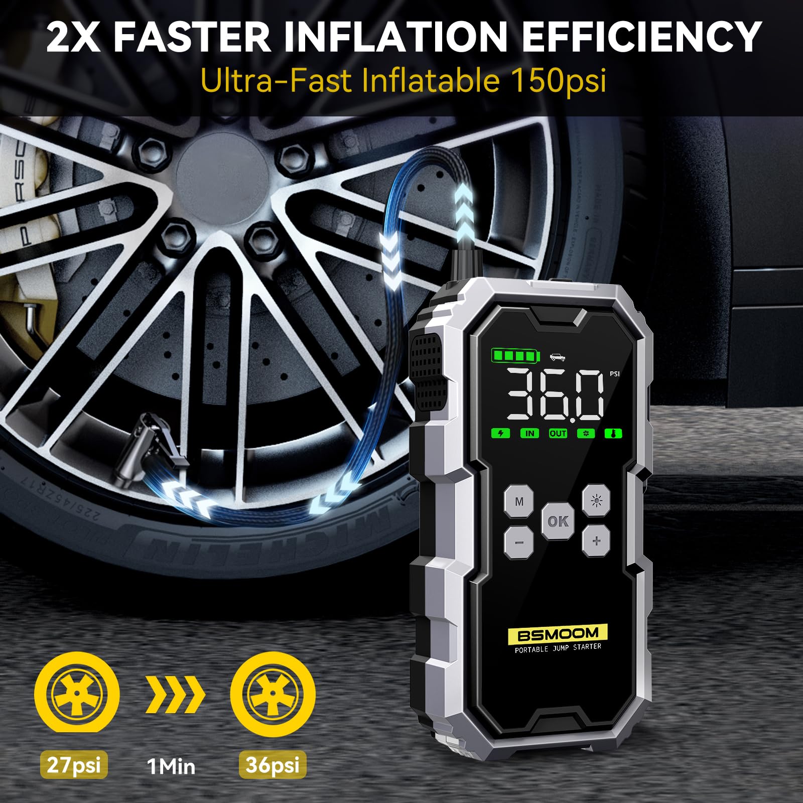 BSMOOM Jump Starter with Air Compressor, 6000A Battery Pack, 150PSI, Model B04, Portable with Type-C Quick Charge and LED Lights