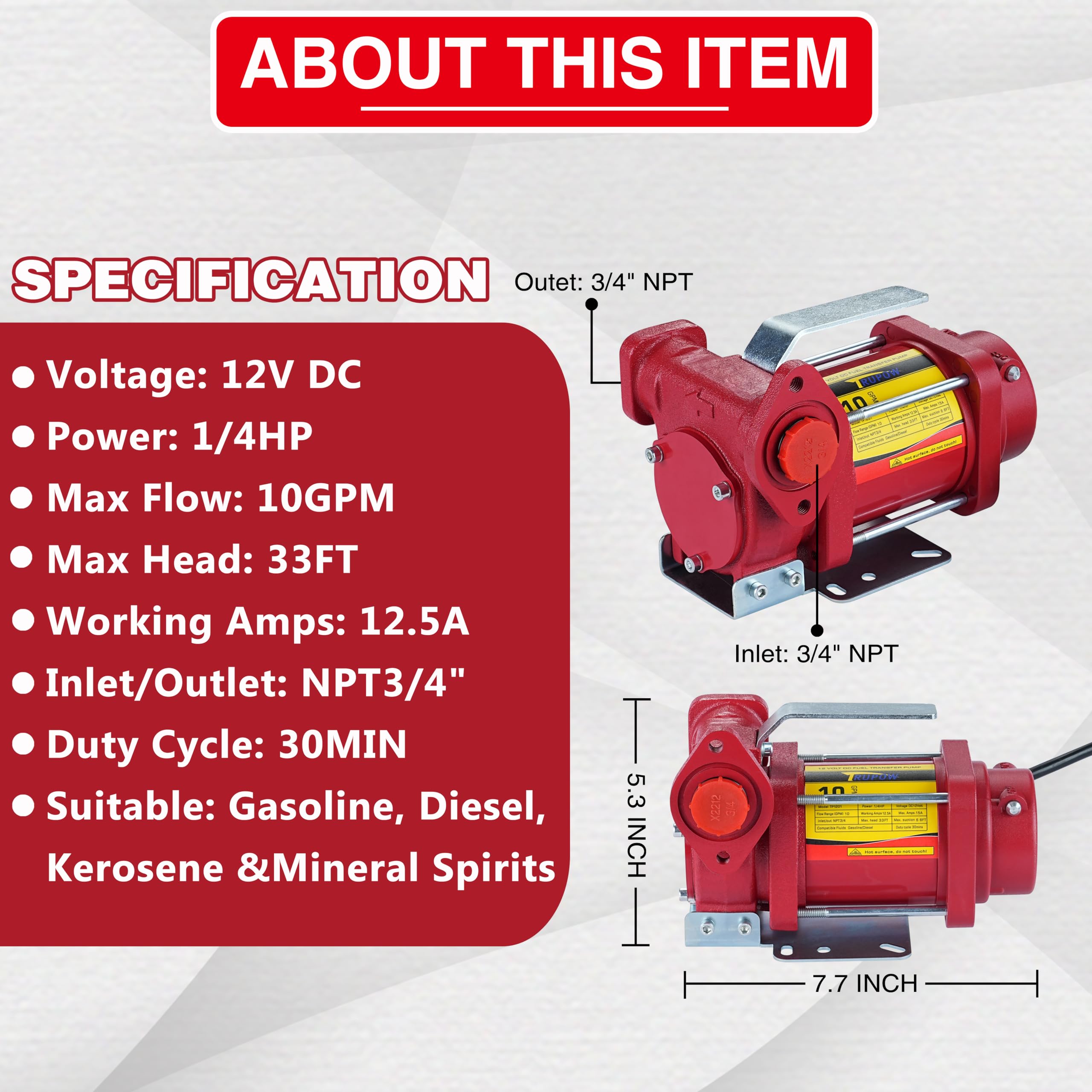 TRUPOW 12V DC 10GPM Self-priming Heavy-duty Gasoline Fuel Oil Transfer Pump with Explosion-proof for Gasoline Diesel Kerosene &