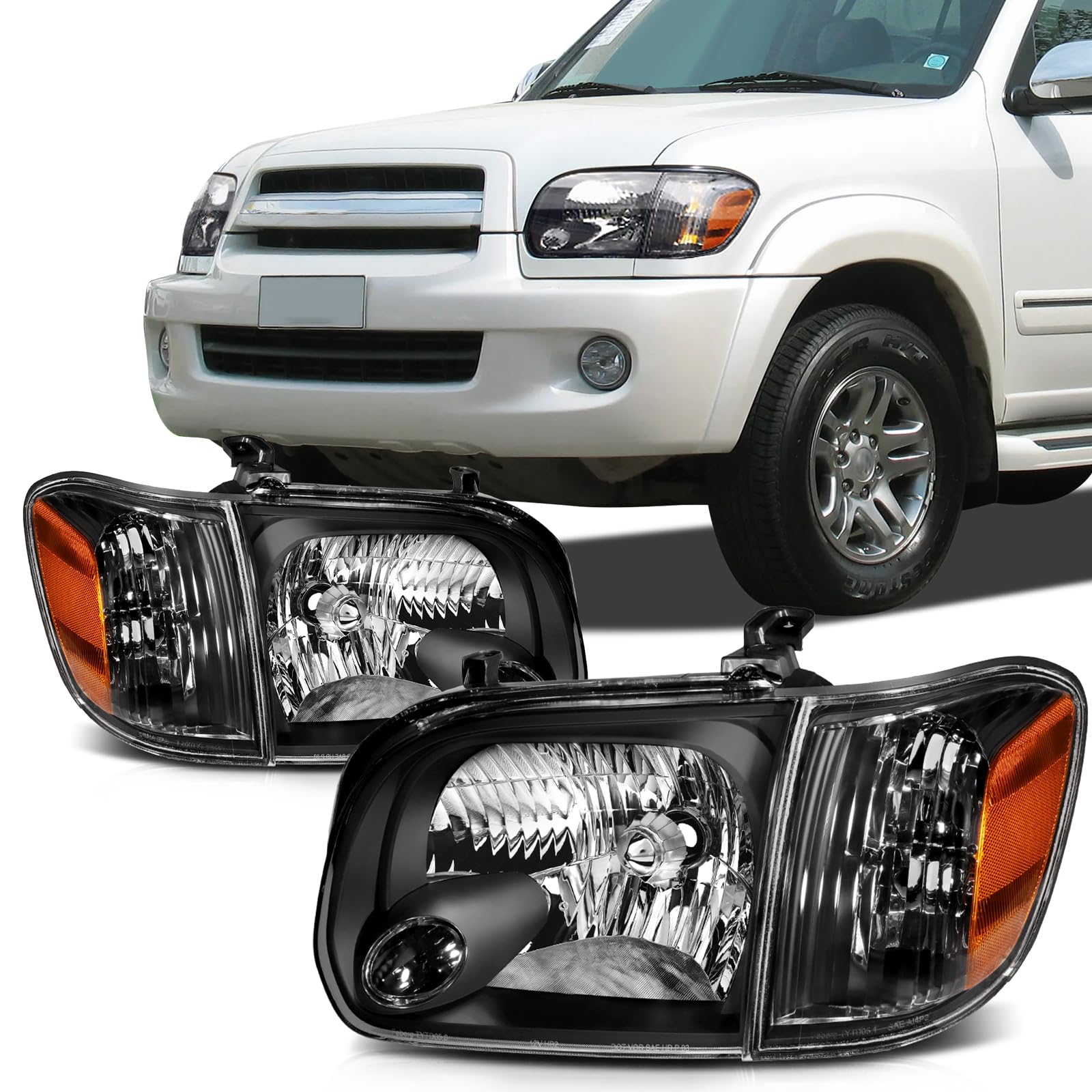 SCITOO Headlight Assembly Fits For Toyota Sequoia 2005-2007,For Toyota Tundra Double Cab 4 Door 2005-2006 headlamp in Black Hous