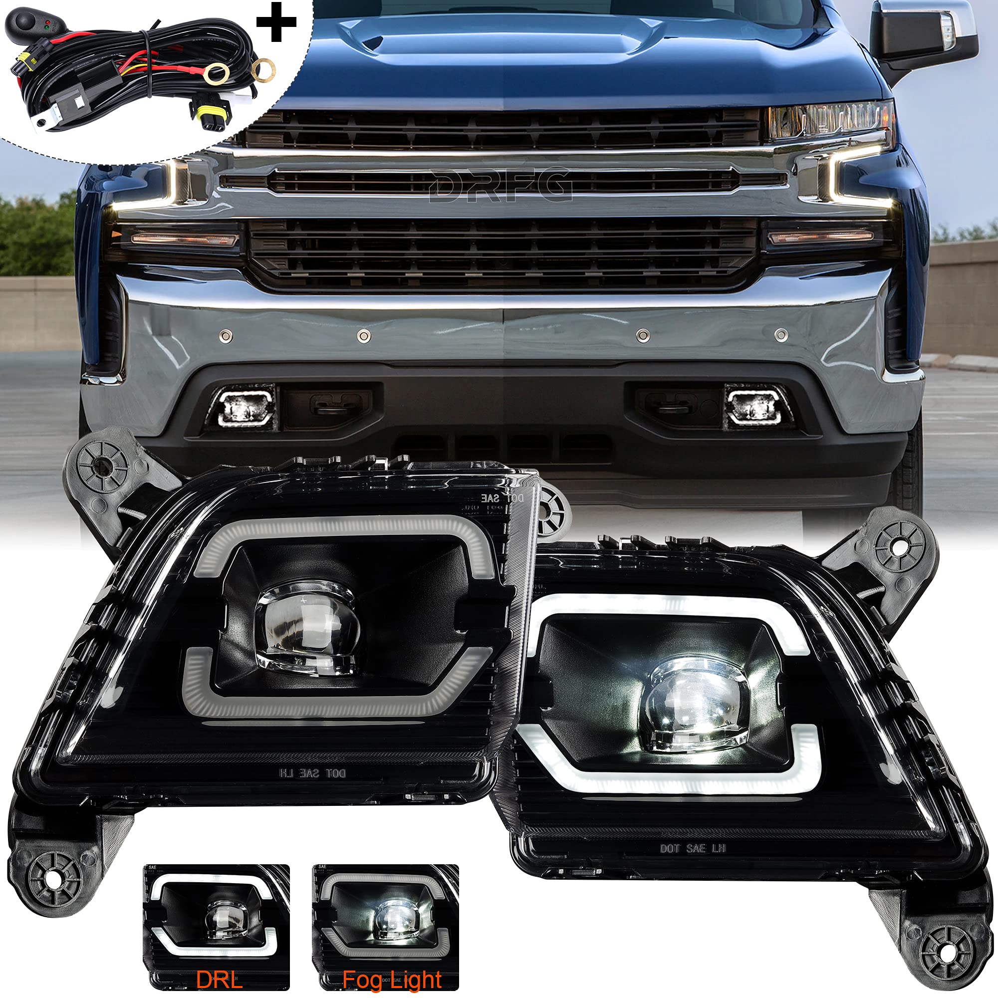 Drfg Led Fog Light With Drl Compatible For Chevy Silverado 2019 2020 2021 2022 Bumper Driving Lamp For Silverado 1500 Include H11 Relay Harness Wire Kit