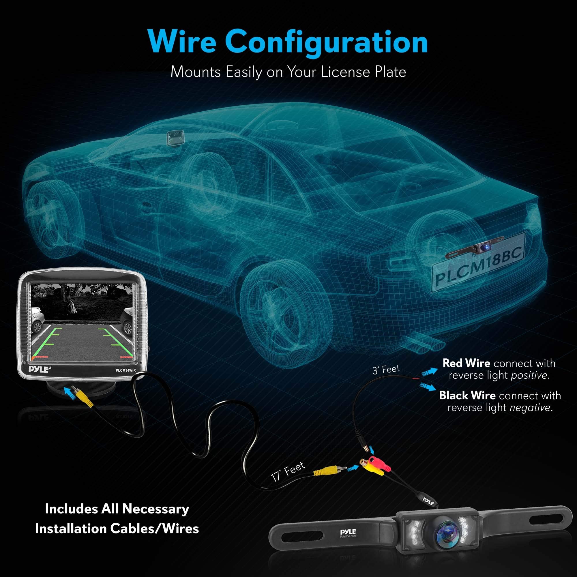 Pyle Wireless Backup Car Camera Rearview Monitor System - Parking & Reverse Safety Distance Scale Lines, Waterproof & Night Visi