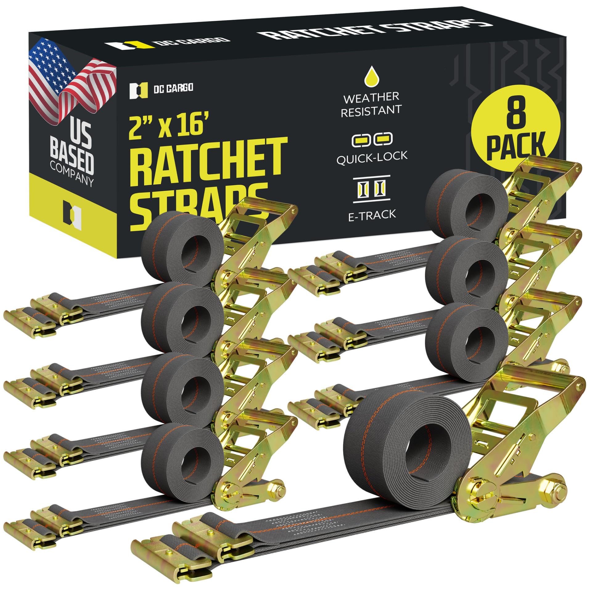 Dc Cargo Mall E Track Ratchet Straps Cargo Tie-Downs, (Pack Of 8) 2 X 16 Heavy Duty Grey Tie-Down Rachet Straps, Strong Ratchet