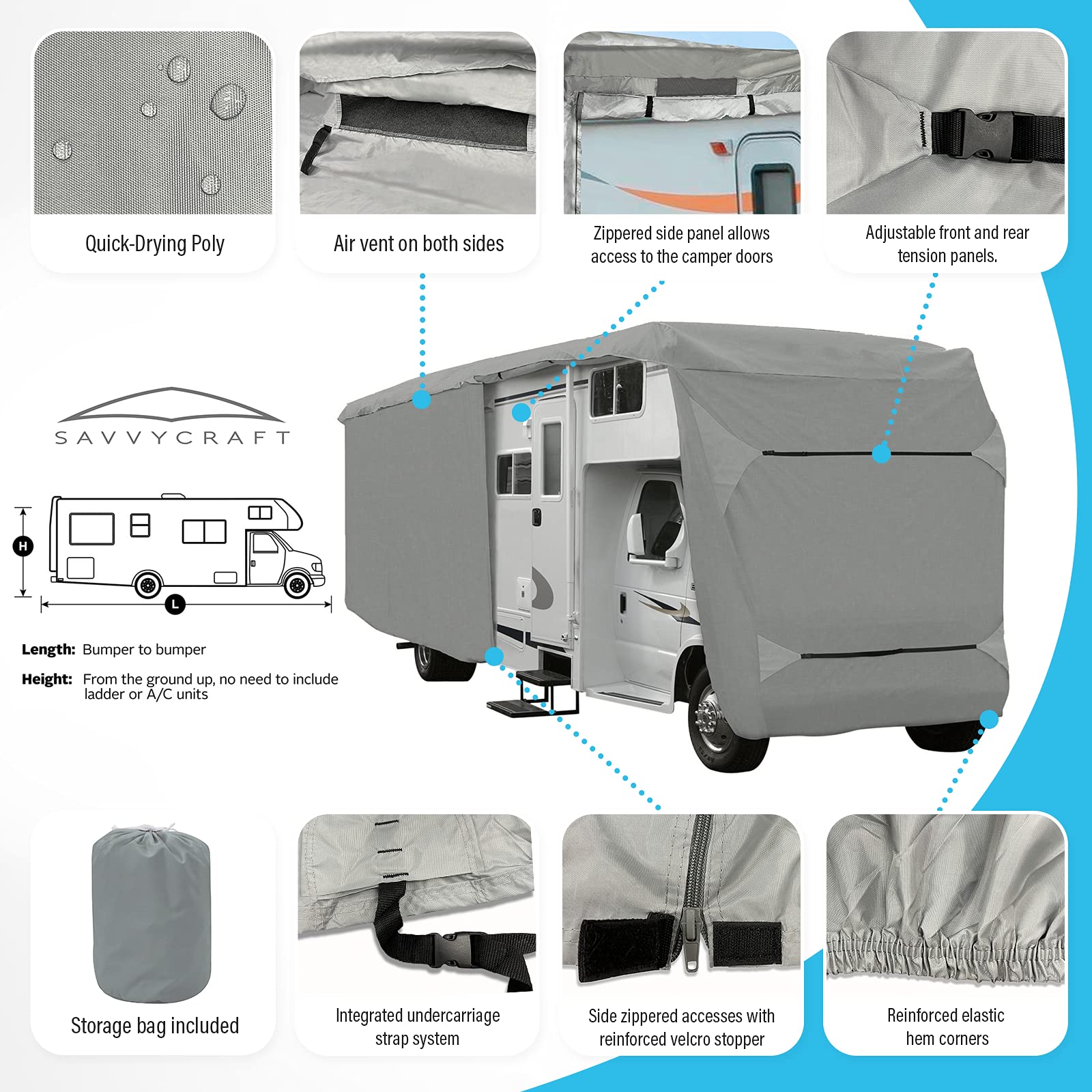 SavvyCraft Class C RV Cover, Waterproof & Tear-Resistant, Fits 32-34ft, Gray, Model 819669010851