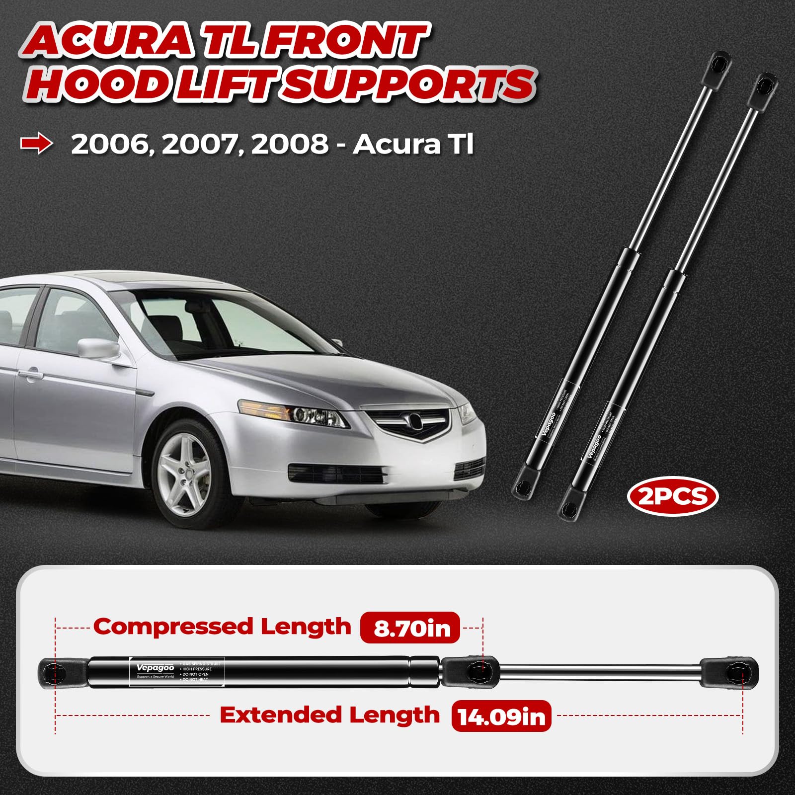 Vepagoo Pm1019 Front Hood Gas Struts Compatible With 2006 2007 2008 Acura Tl, Gas Shocks Lift Supports 9489Vu, Sg365001
