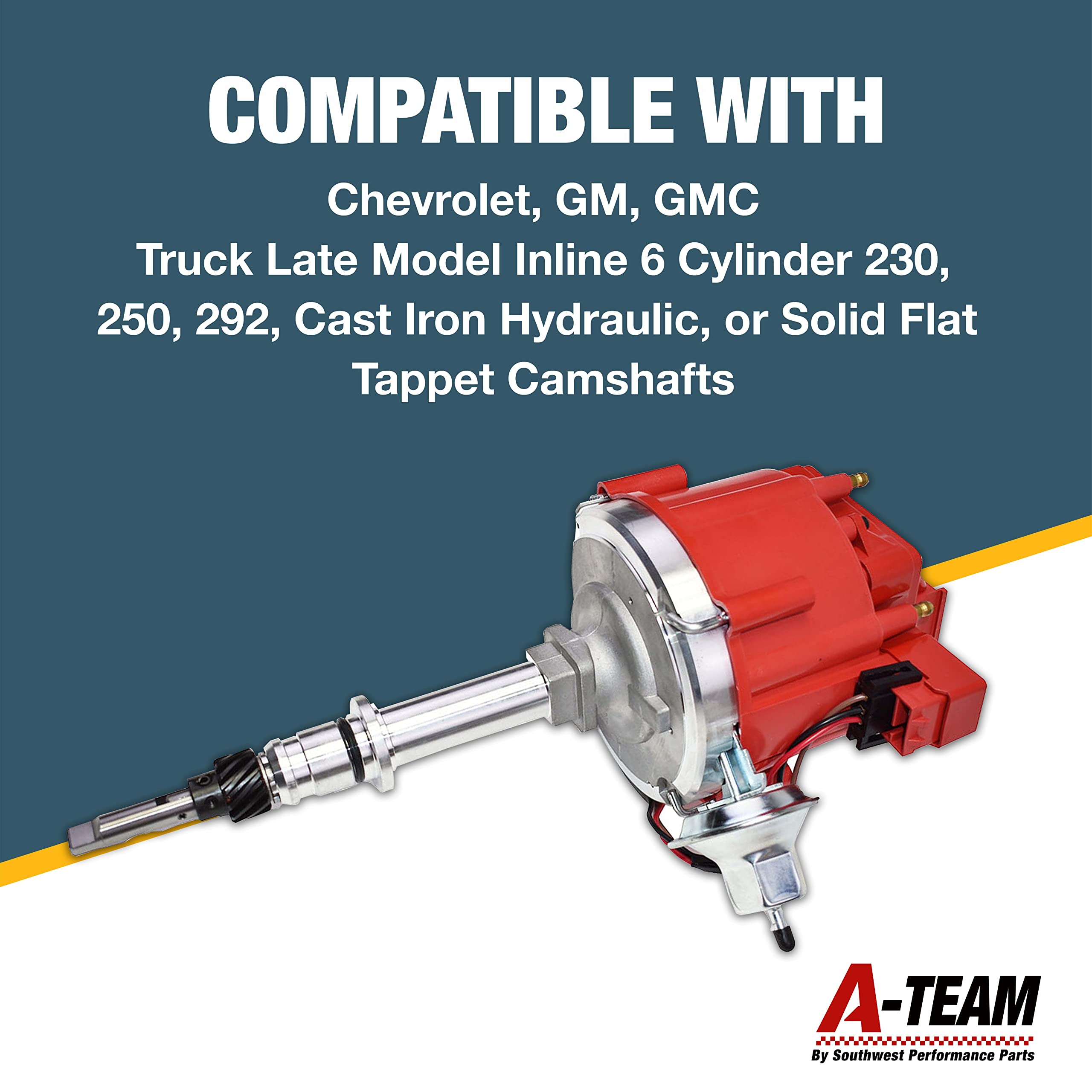 A-Team Performance - Complete HEI Distributor 65K Coil 7500 RPM - Compatible With Chevrolet Chevy GM GMC Truck Late Model Inline 6 Cylinder 230 250 292 One Wire Installation Red Cap