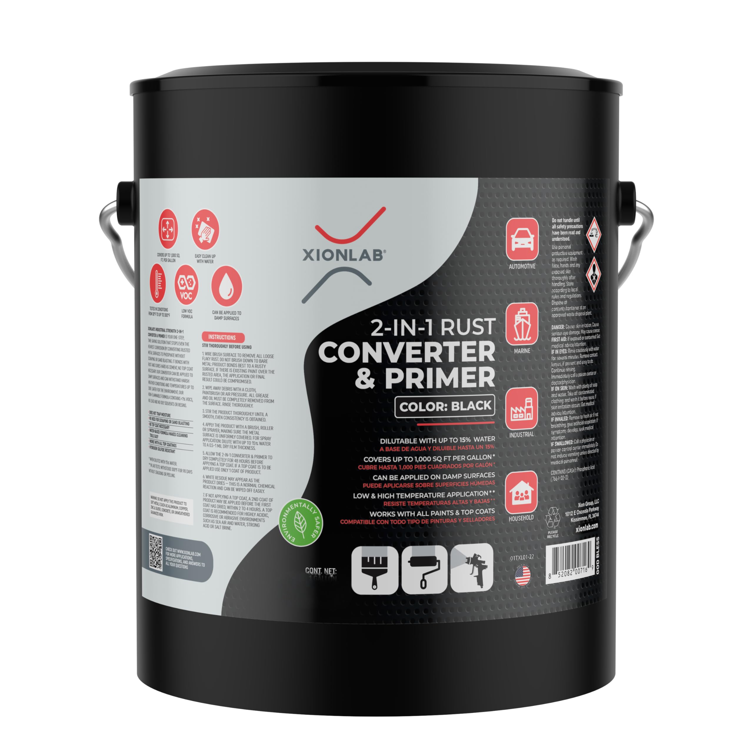 2-in-1 Rust Converter & Metal Primer - Black, Water-Based, Low VOC, Rust Remover for Metal, Reformer & Encapsulator, Ideal for A