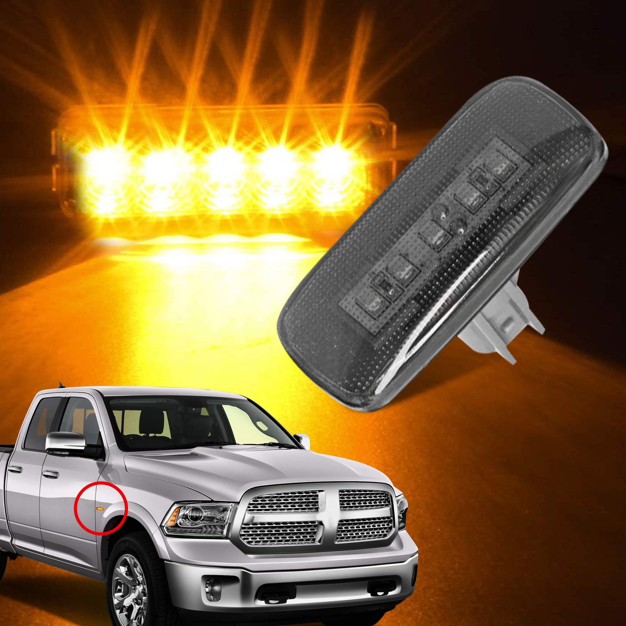 Husuku 4Pcs 5Led Dual Cab Bed Fender Led Side Marker Lights For 2010-2017 Dodge Ram 2500 3500 (2X Amber, 2X Red)