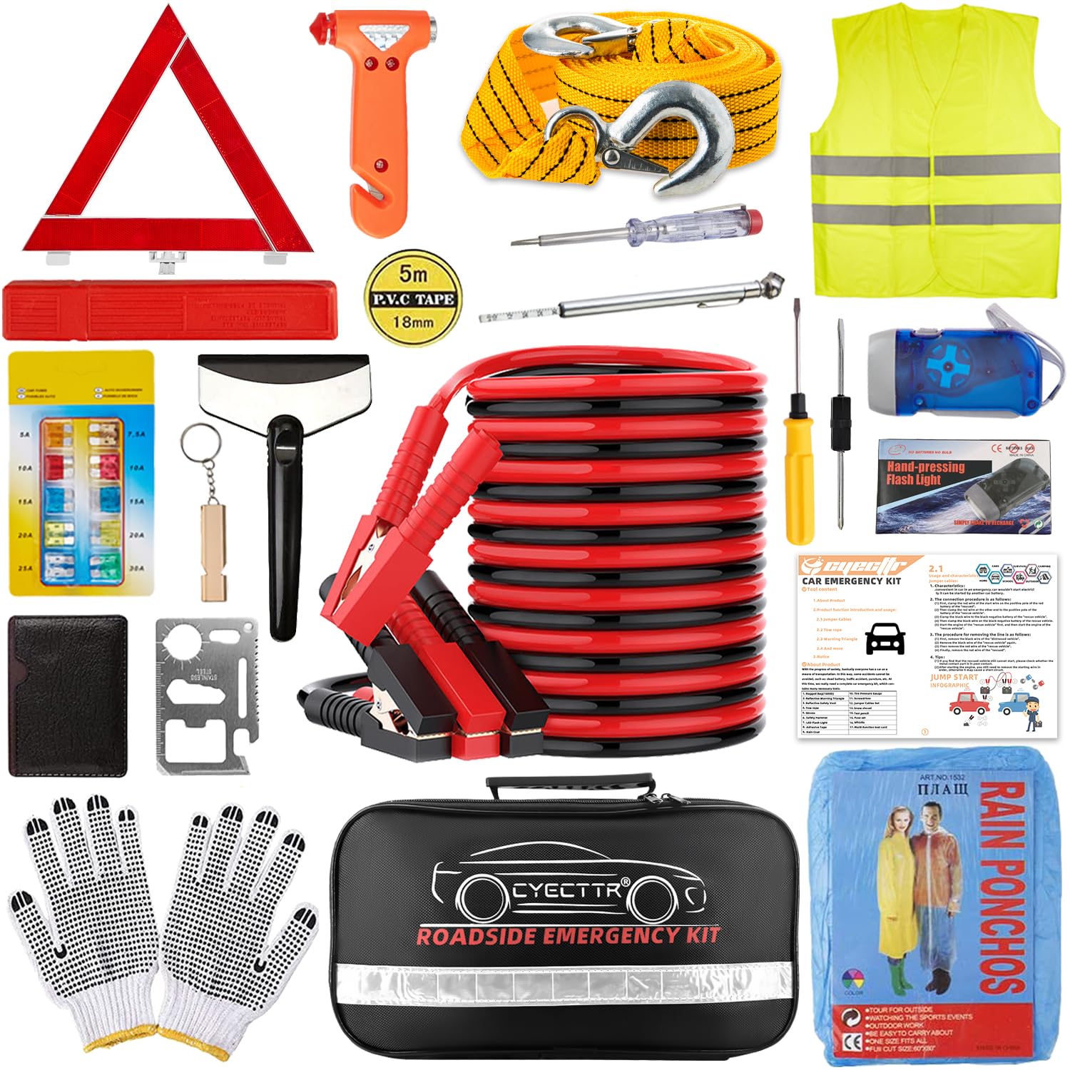 Cyecttr Car Roadside Emergency Kit,Auto Vehicle Truck Safety Emergency Road Side Assistance Kits With Jumper Cables,Safety Hamme
