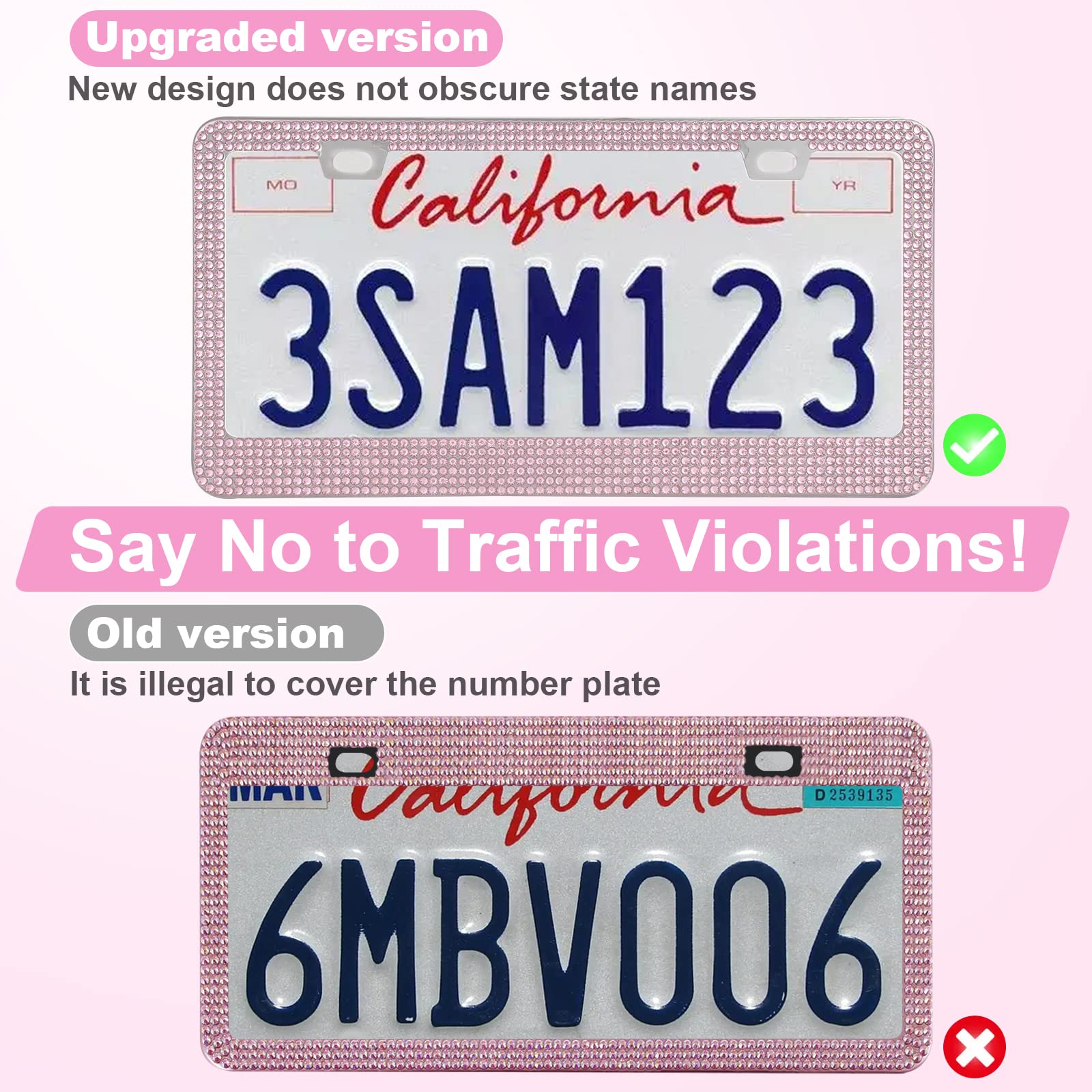 Quanqiufei 2 Pack Bling License Plate Frames For Women, Sparkly Rhinestone Diamond Car Accessories With Glitter Crystal Caps (Pi