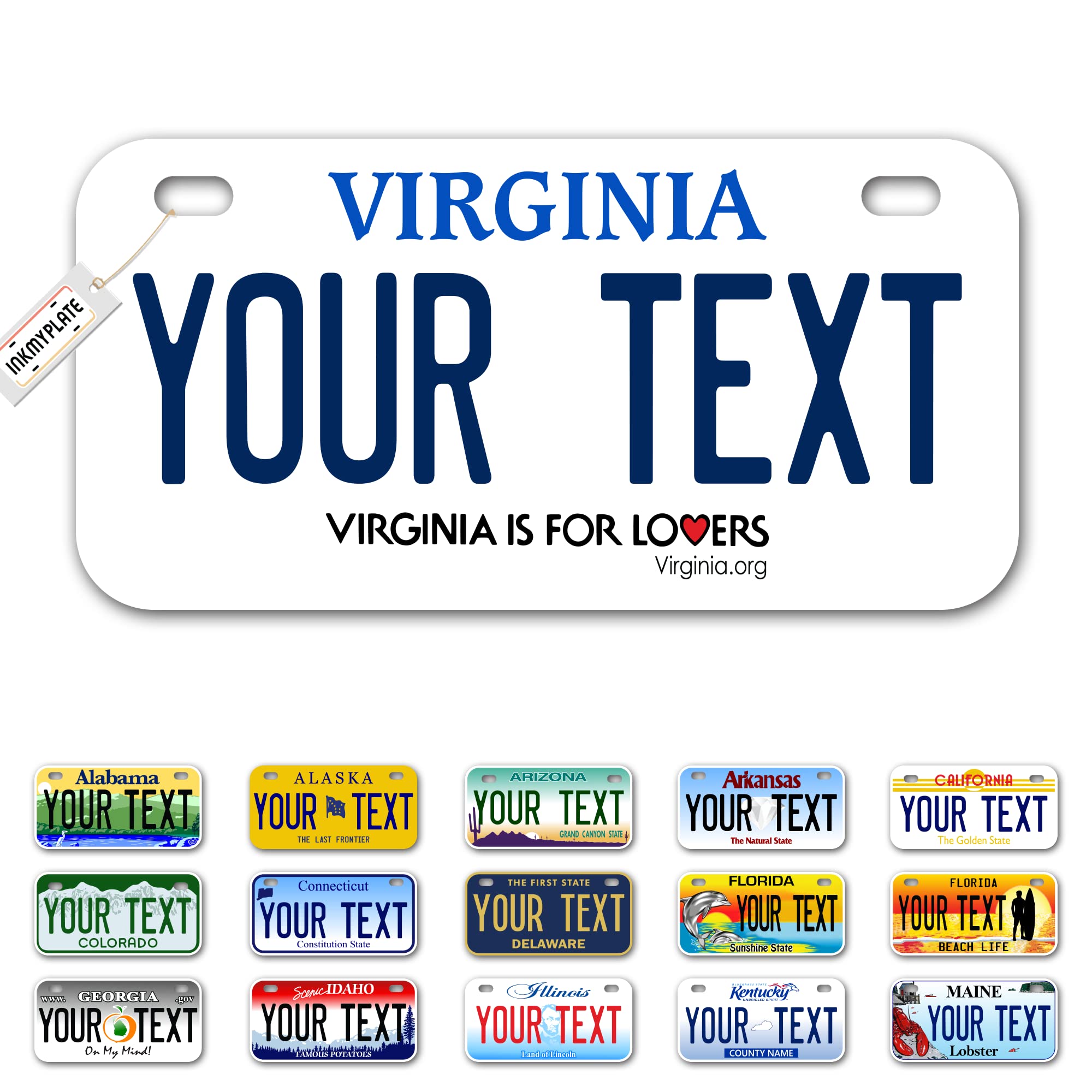 Inkmyplate Personalized Virginia Small License Plate | Bike 6X3 Inch | Select From All 50 States | 3 Sizes | Custom License Plates For Kids Bicycles | Power Wheels | Usa Thick .040 Aluminum