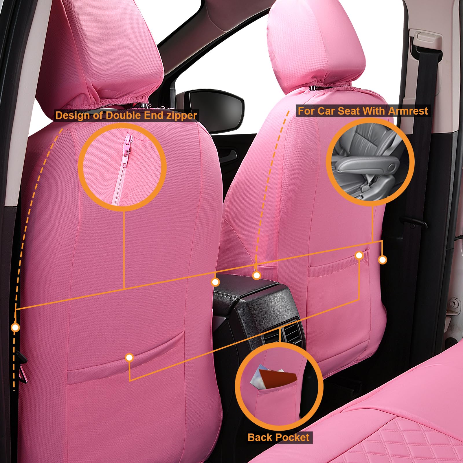 Flying Banner car seat Covers Set Faux Leather Quilted Fashion Easy Bench Split Protectors Sport Fashion (Solid Pink, Full Set -