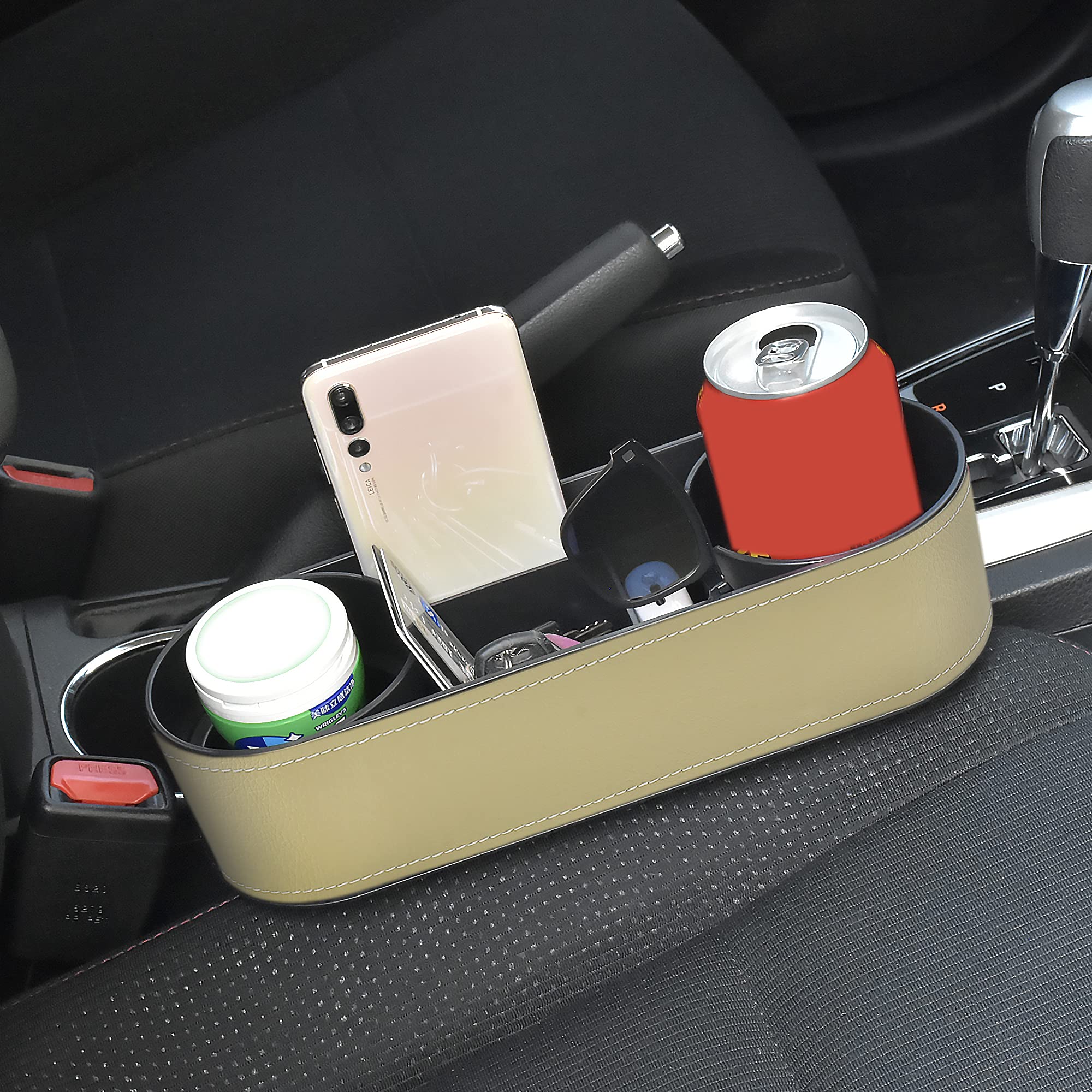 Iokone Car Cup Holder, Auto Front Seat Organizer, Multifunctional Cup Drink Holders With Pu Leather Cover, Gap Filler Storage Bo