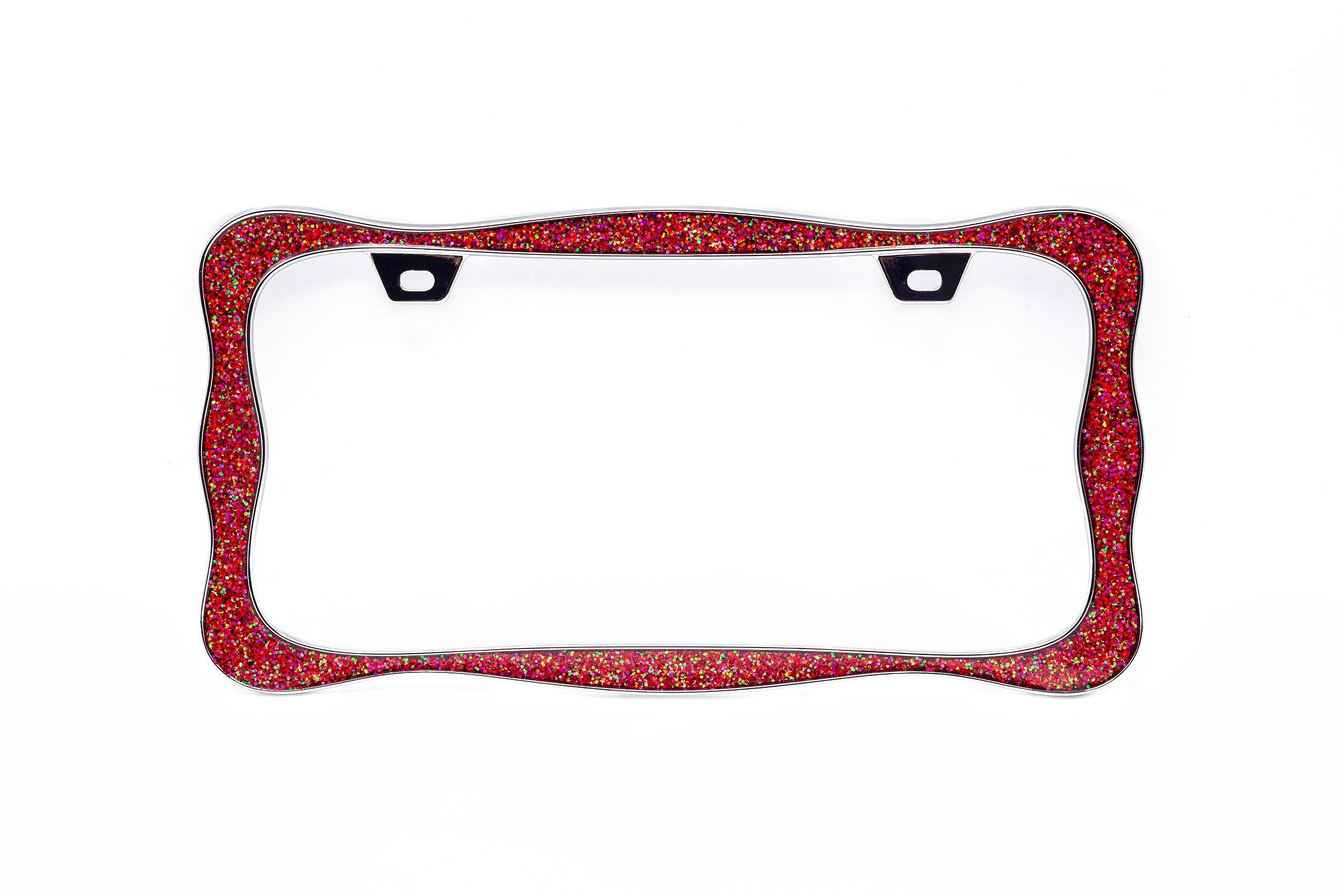 Creathome 3D Shining License Plate Frame, Black Powder Coated With Red Chunky Gliter, Pure Zinc Alloy Metal