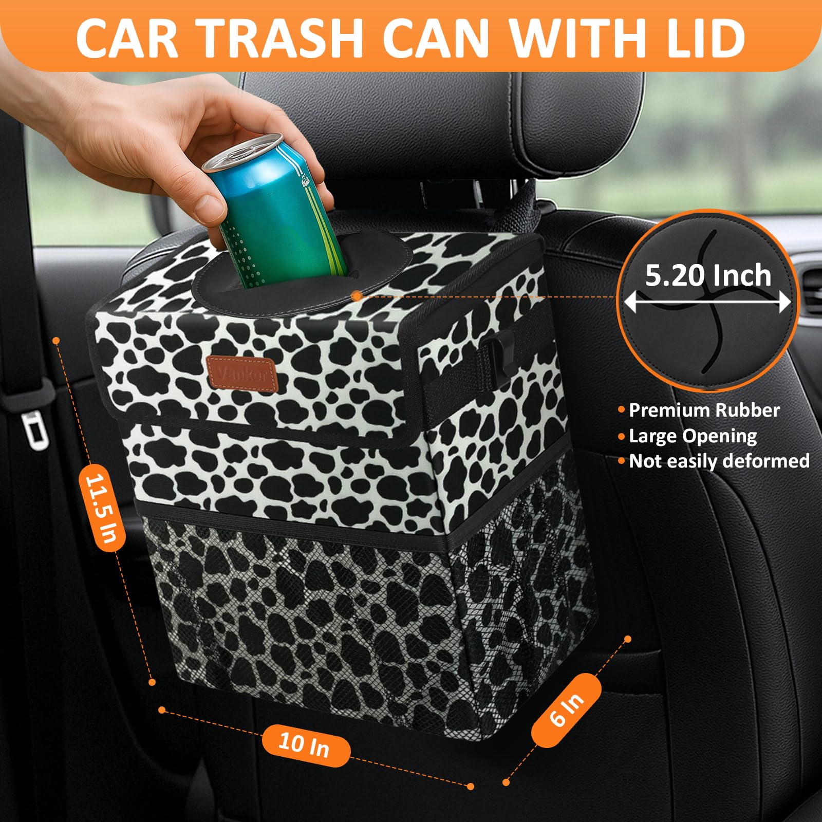 Vankor 3 Gallons Car Trash Can With Lid, Car Bag Bin Hanging Waterproof Automotive Garbage Cans Leak Proof Vehicle Trash Can Cow