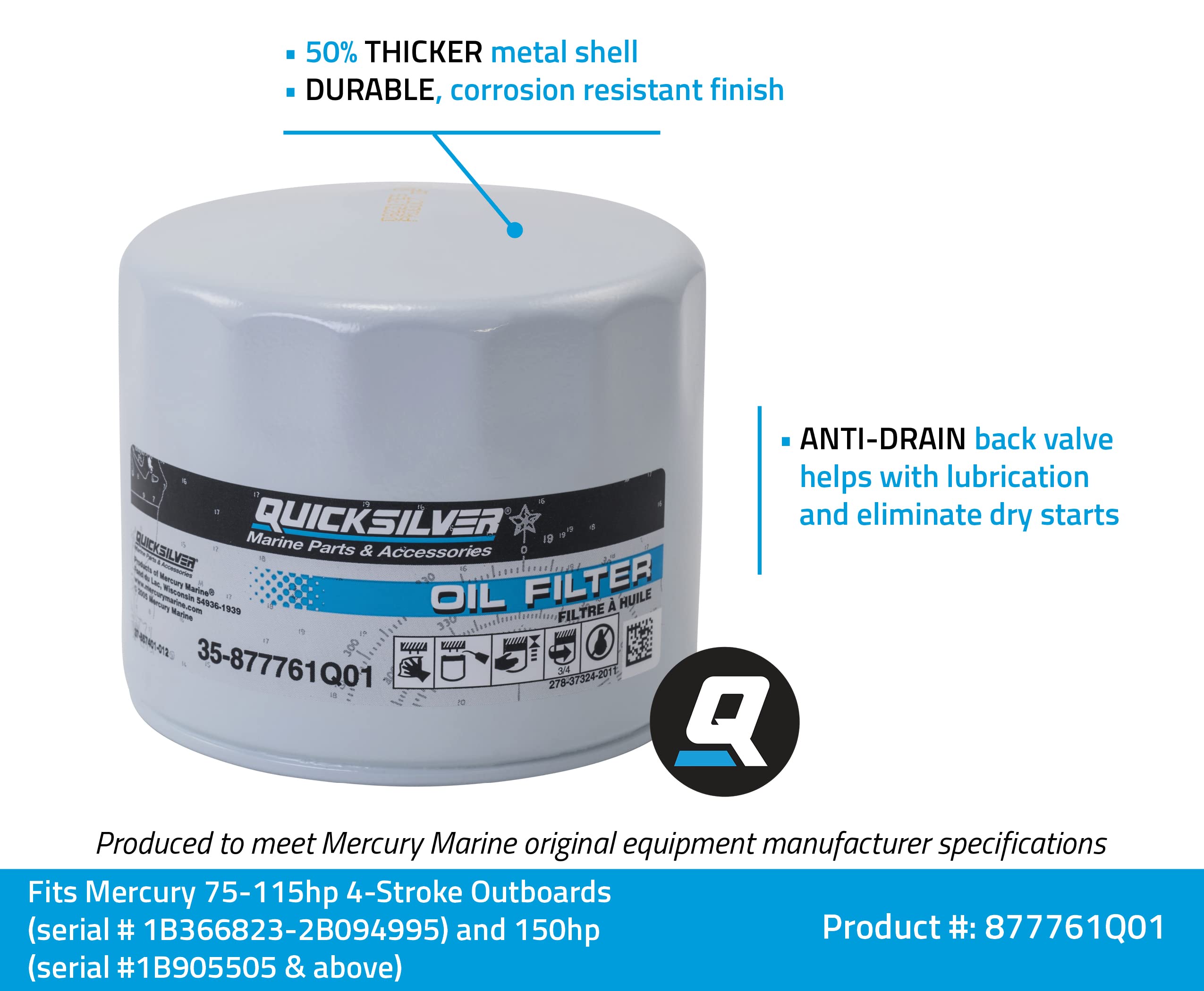 Quicksilver By Mercury Marine 877761Q01 Oil Filter For Select Mercury And Mariner 75-115Hp Outboards And 150Hp Efi 4-Stroke Outboards