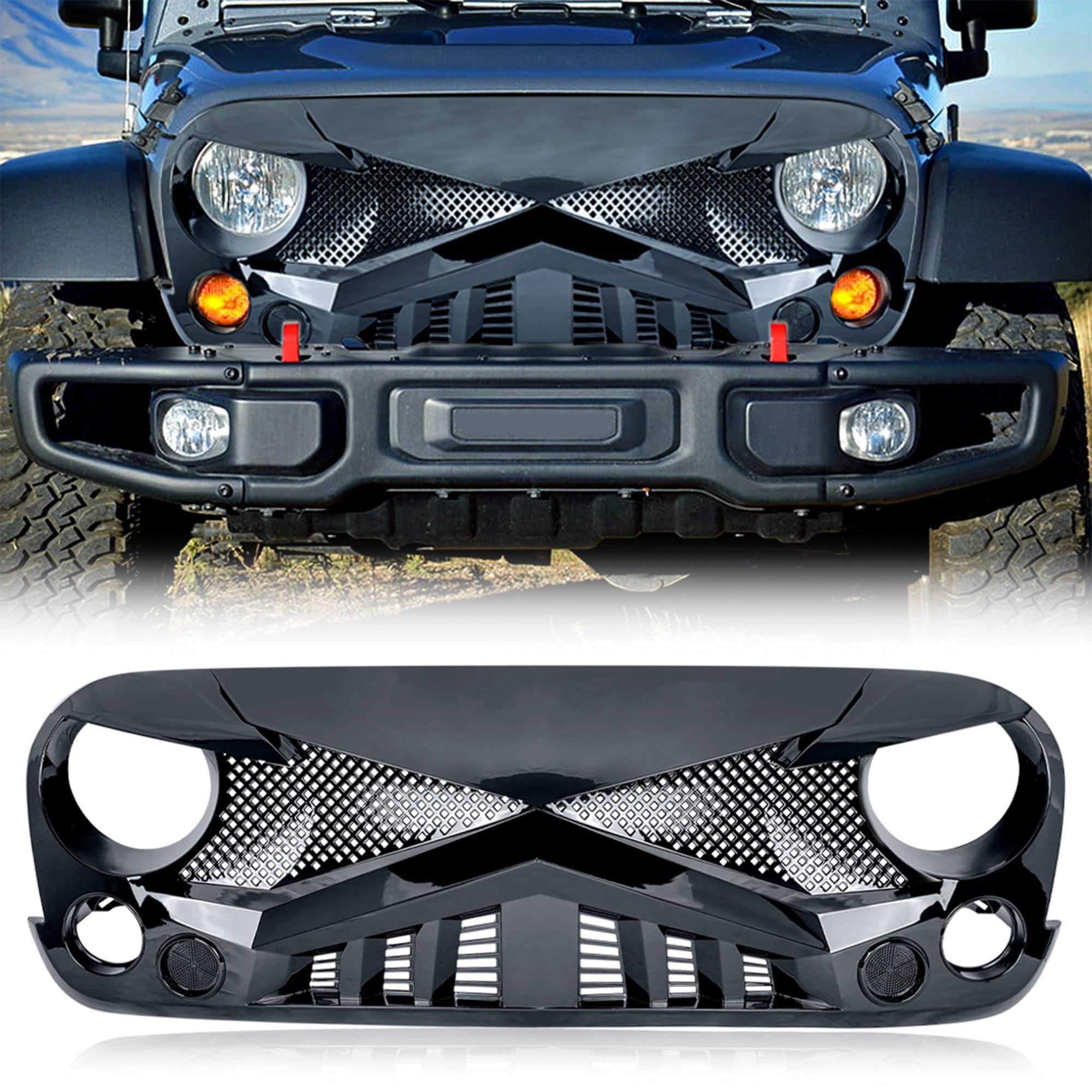 American Modified Hawke Easy Installation Aggressive Front Grille Cover For 2007 To 2018 Jeep Wrangler Jk, Glossy Black