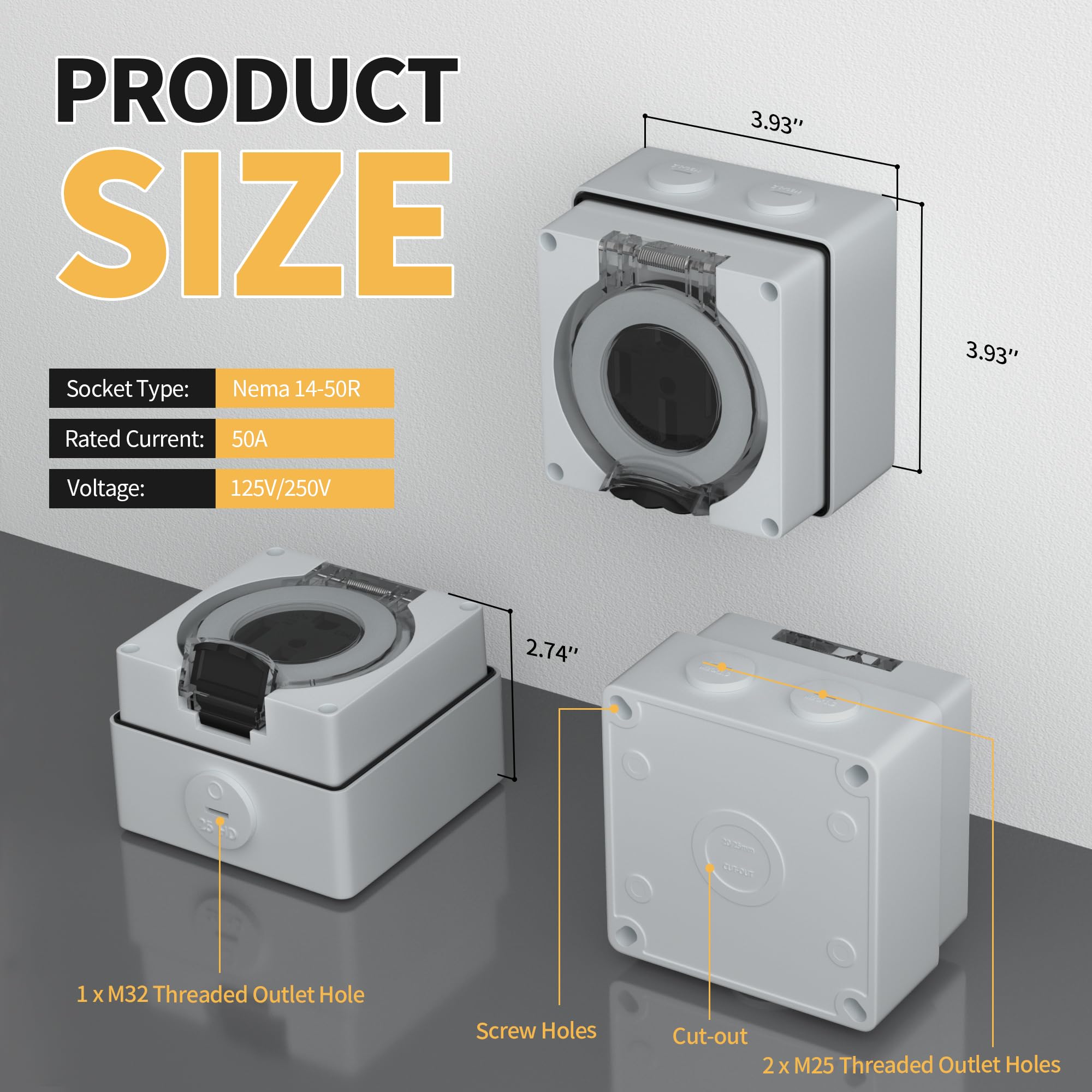 Joinfworld 50 Amp RV Outlet Box, 125/250V NEMA 14-50R RV Receptacle ETL Listed, Weatherproof Electrical Power Outlet Panel for R