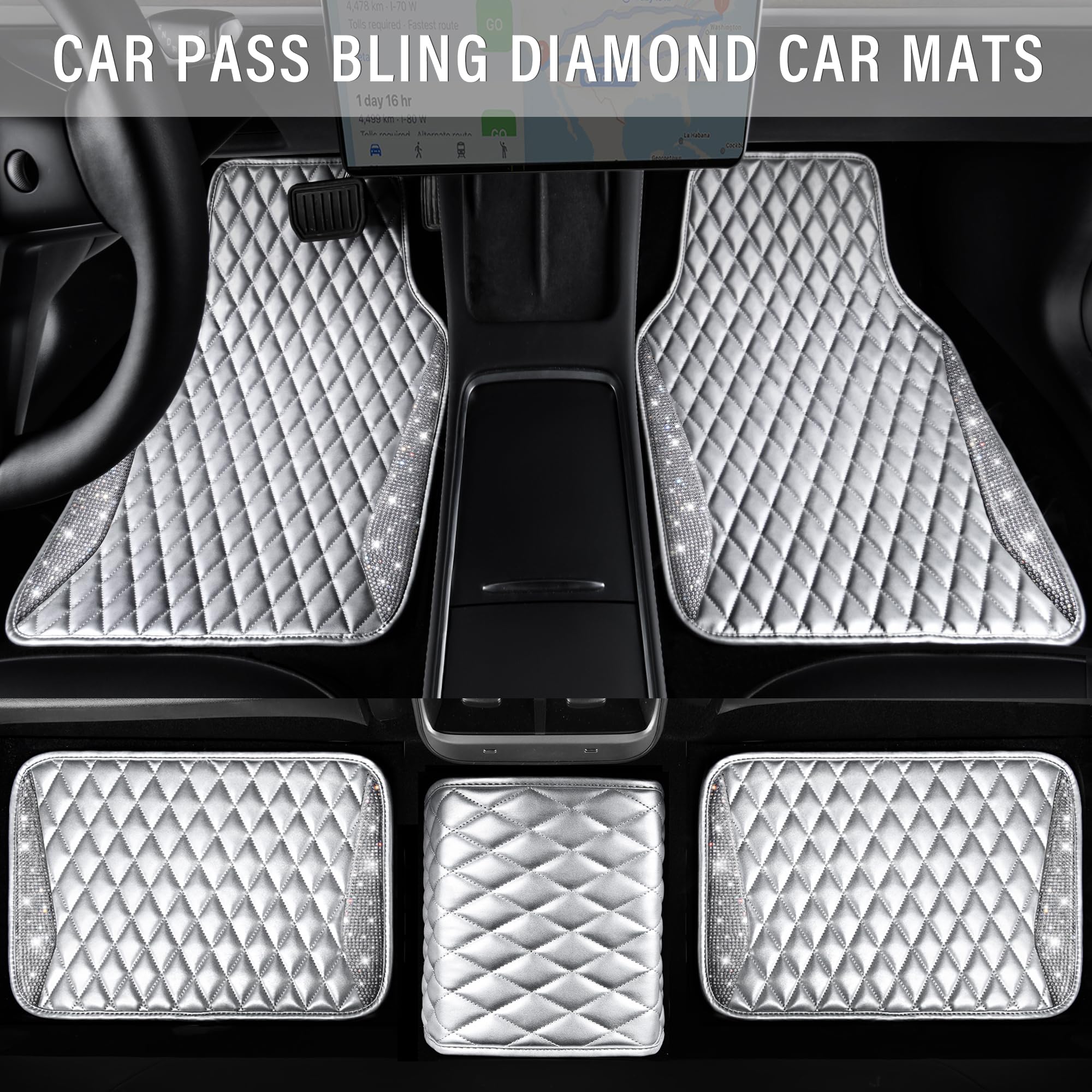CAR PASS Bling Leather Car Mats Shining Diamond Floor Mats Crystal Rhinestone Sparkly Glitter Carpet Anti-Slip Waterproof Pad Un