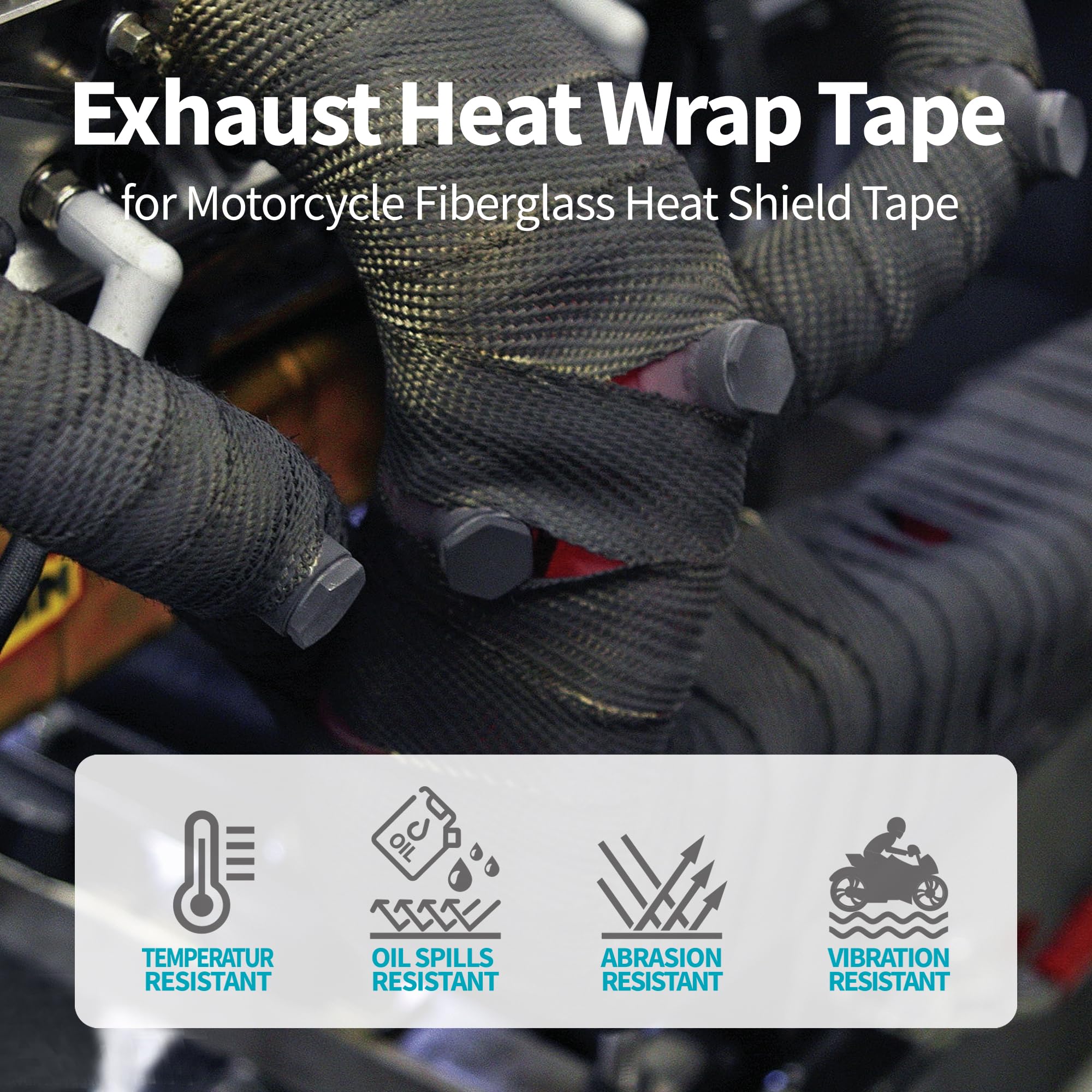Titanium Exhaust Heat Tape Wrap,2   x 50 Ft,Motorcycle Fiberglass Heat Shield Tape With Stainless Ties,Black