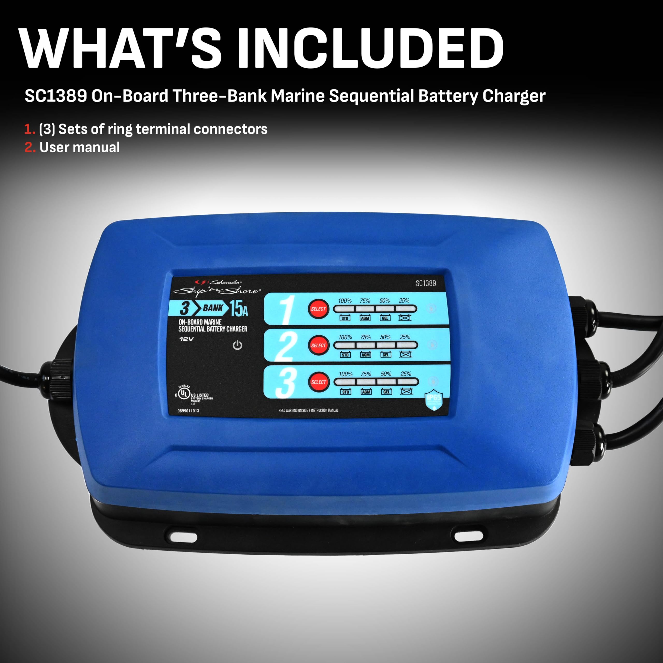 Schumacher-Sc1389 Fully Automatic Direct-Mount 3-Battery Charger And Maintainer - 15 Amp, 12V - For Marine Batteries