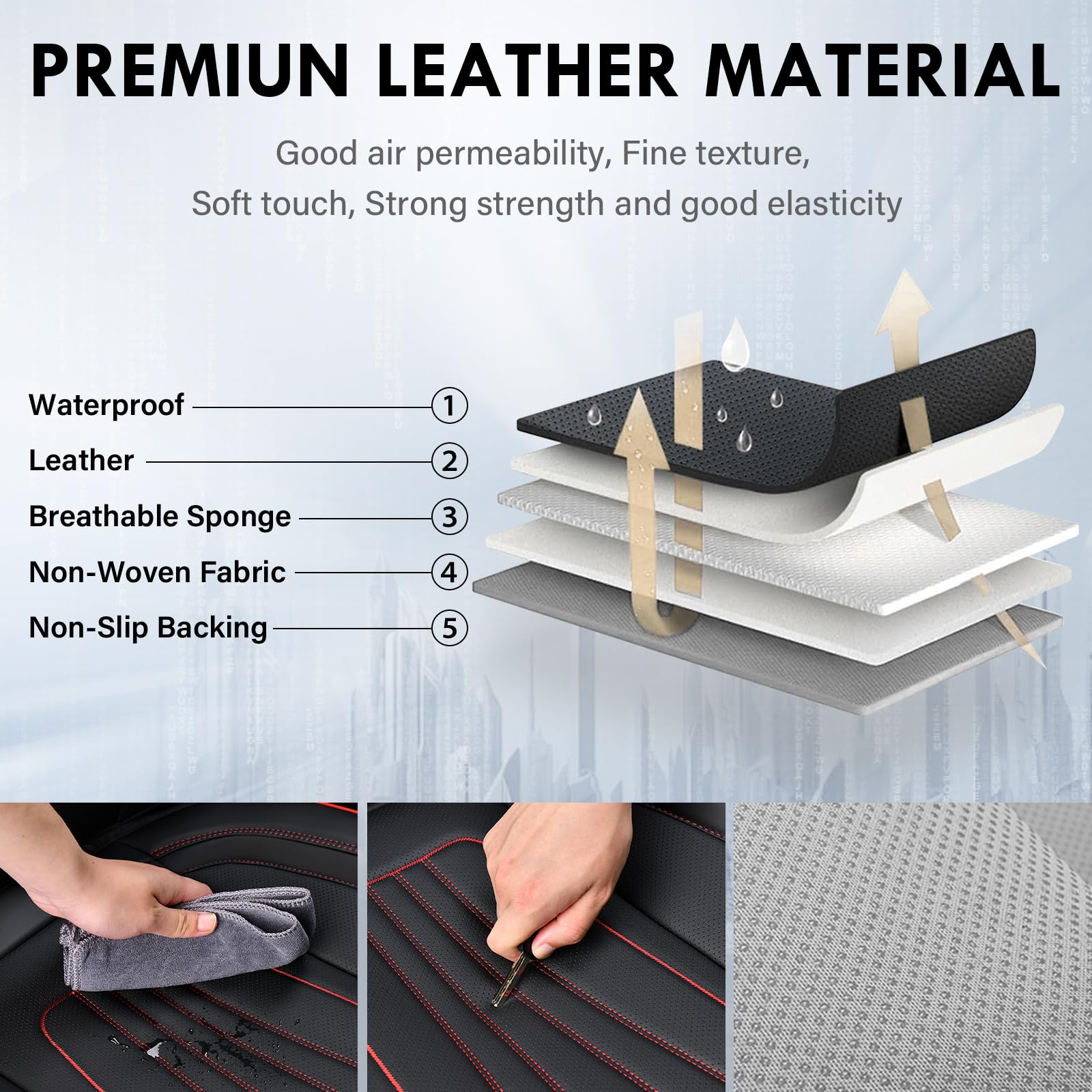 Coverado Car Seat Covers Full Set, 5 Piece Car Seat Protector With Lumbar Support & Removable Headrest, Breathable Leather Front