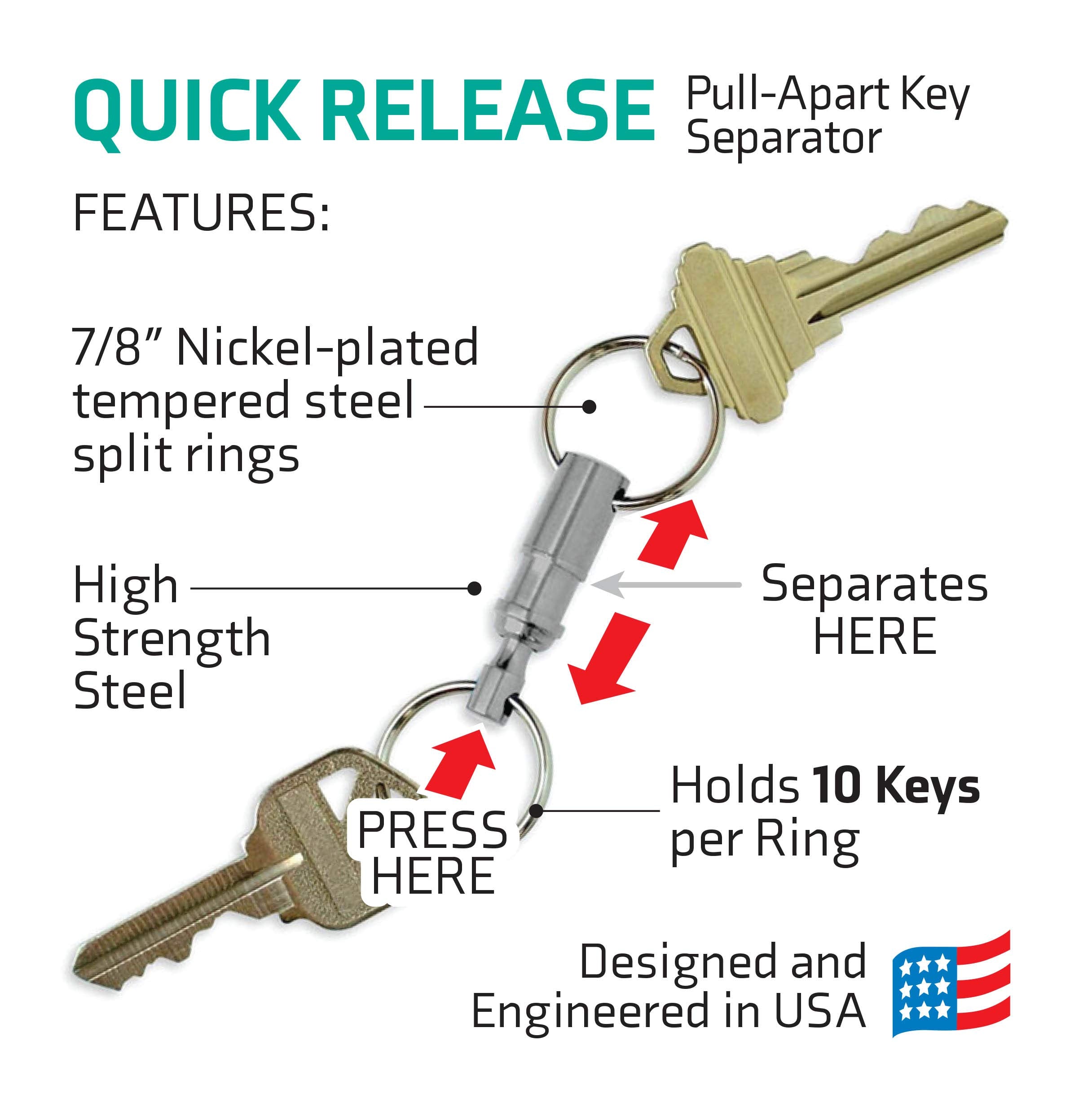 Lucky Line Quick Release, Pull-Apart Key Holder Separator, Pack Of 5, Silver (70705)