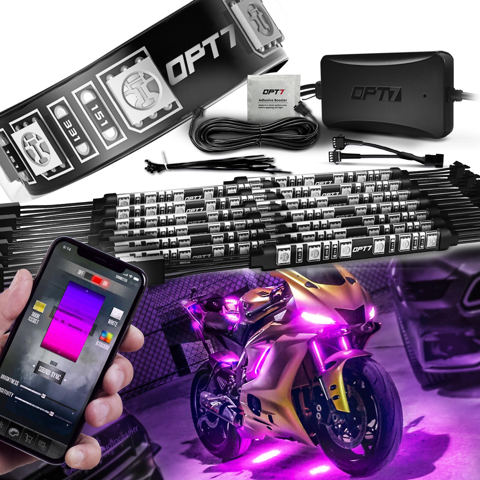 Opt7 Aura Pro Motorcycle Led Light Kit Smart Brake, Rgb Multi-Color Bike Underglow Neon Light Bluetooth App, Motorcycle Under Glow Strips Switch For Cruisers, 14Pc, Ip67 Waterproof 12V, Ios Android