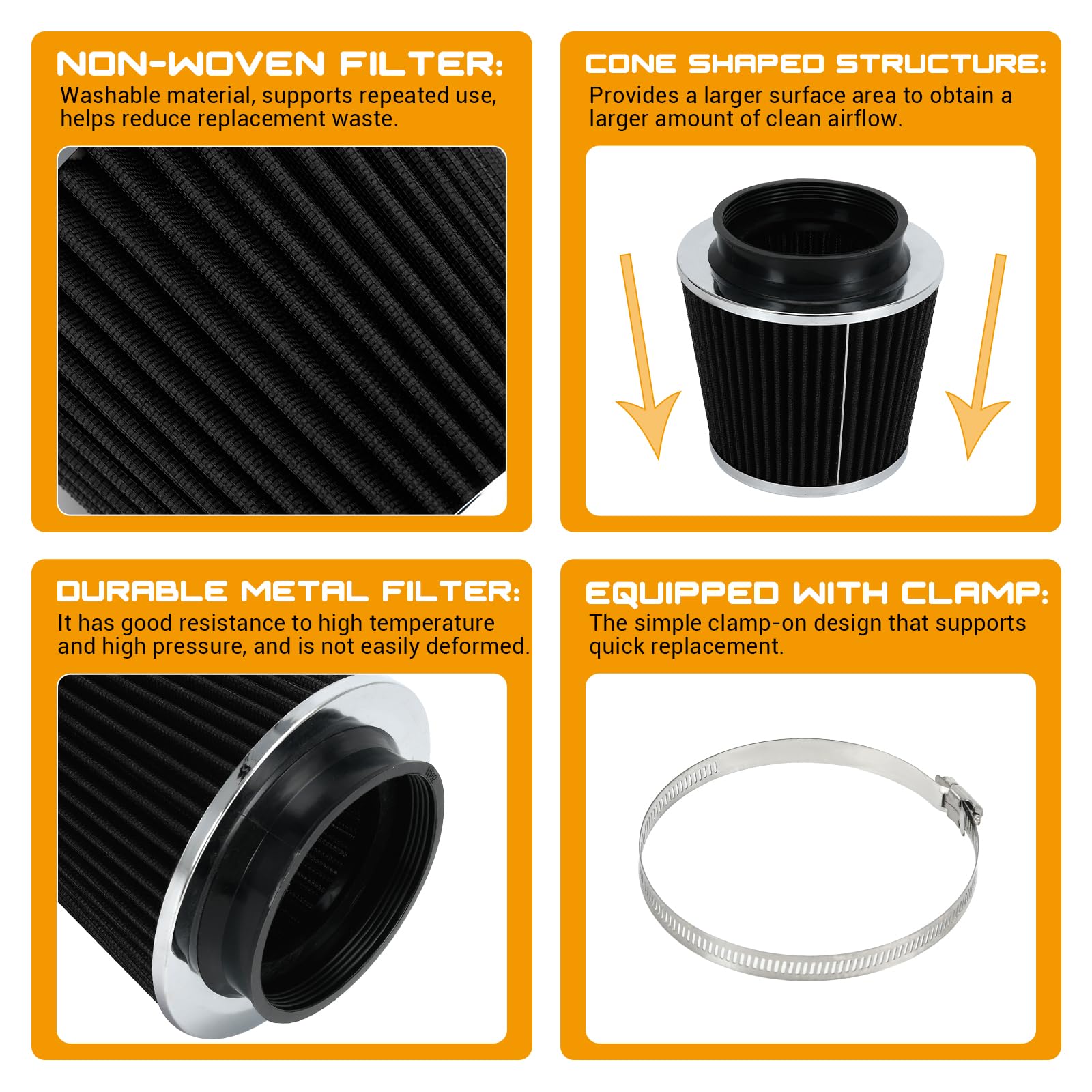 Ptnhz Universal Black 4'' 102Mm High Flow Cold Air Intake Cone Air Filter Power Intake Air Inlet System Air Cleaner