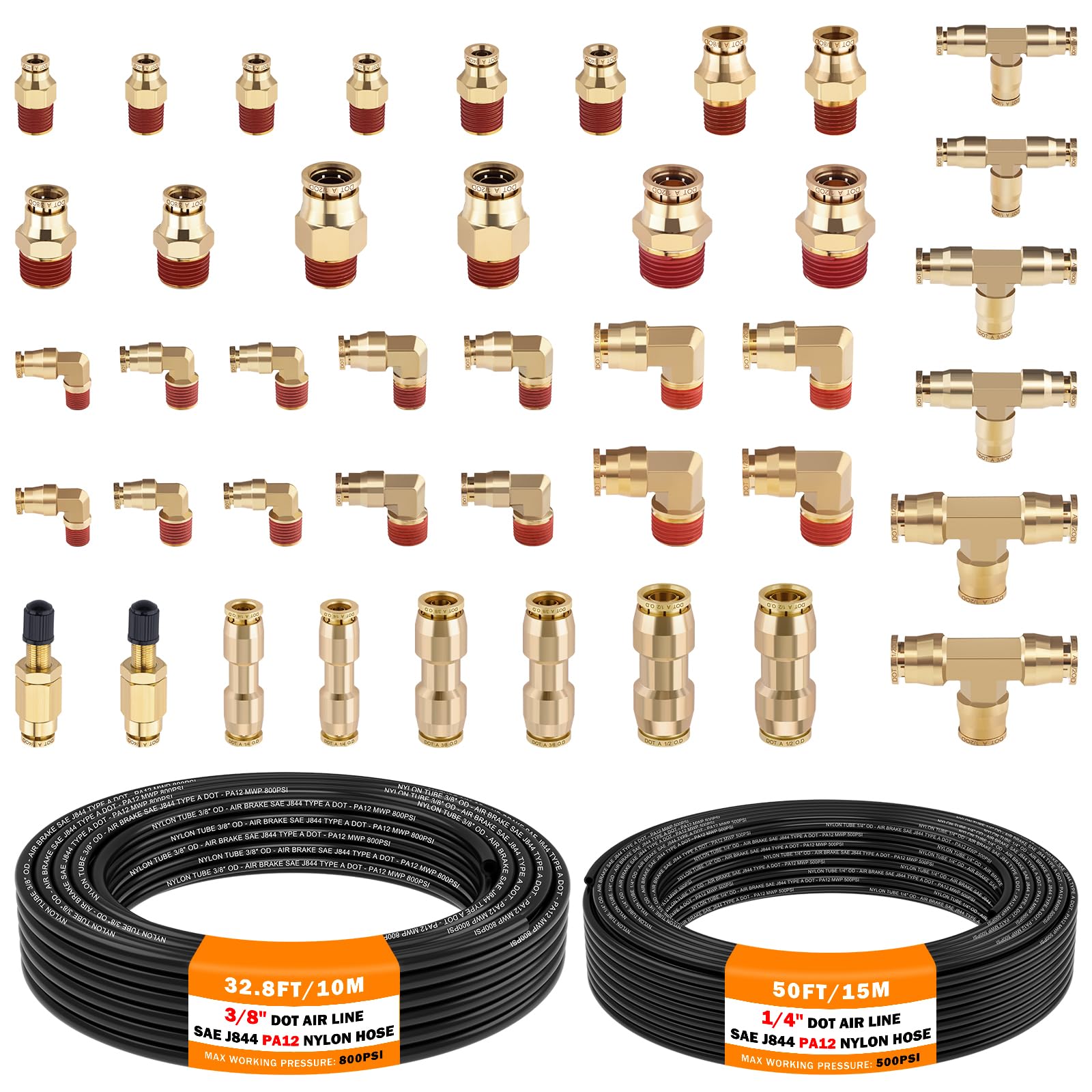 Cheemuii 43 Pcs Brass Dot Air Line Fittings With 50Ft 1/4 '' & 32.8Ft 3/8 '' Dot Air Hose Kit - 1/4, 3/8, 1/2 Push To Connect Np