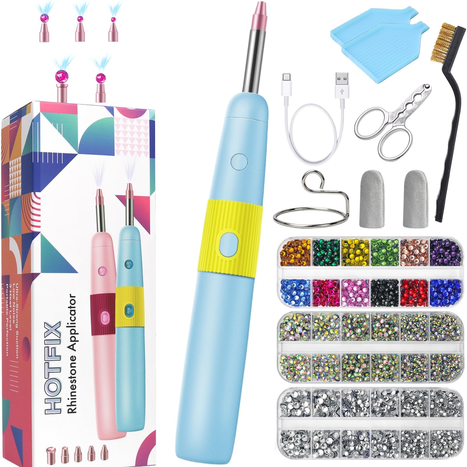 5 in 1 Cordless Hotfix Applicator Tool, 4000mAh Rhinestone Bedazzler Kit with Self-Suction, 3 Temp Settings, 5 Tips, Hot Fix Rhi