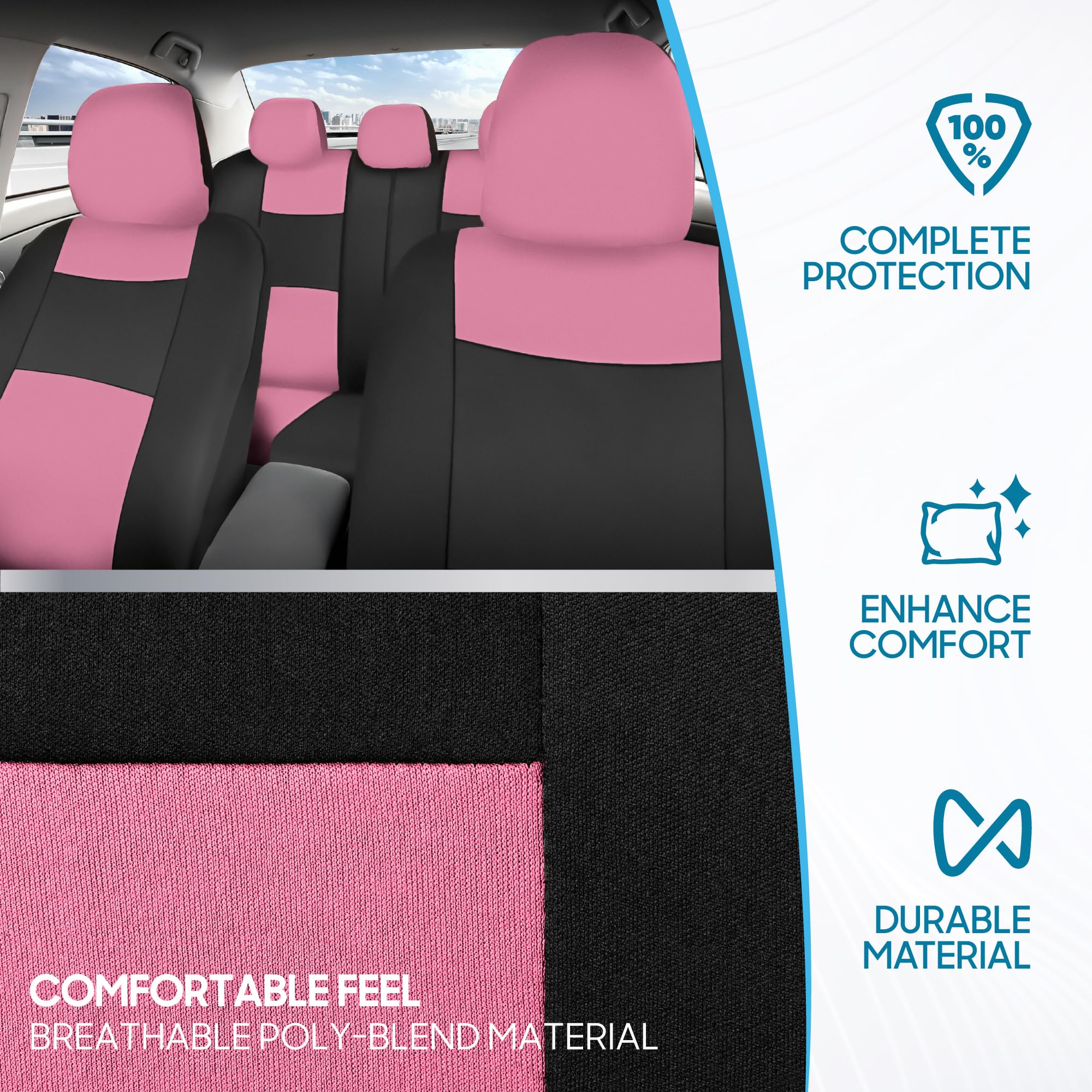 BDK PolyPro Car Seat Covers Full Set in Pink on Black, Front and Rear Split Bench Seat Covers for Cars, Easy to Install Car Seat