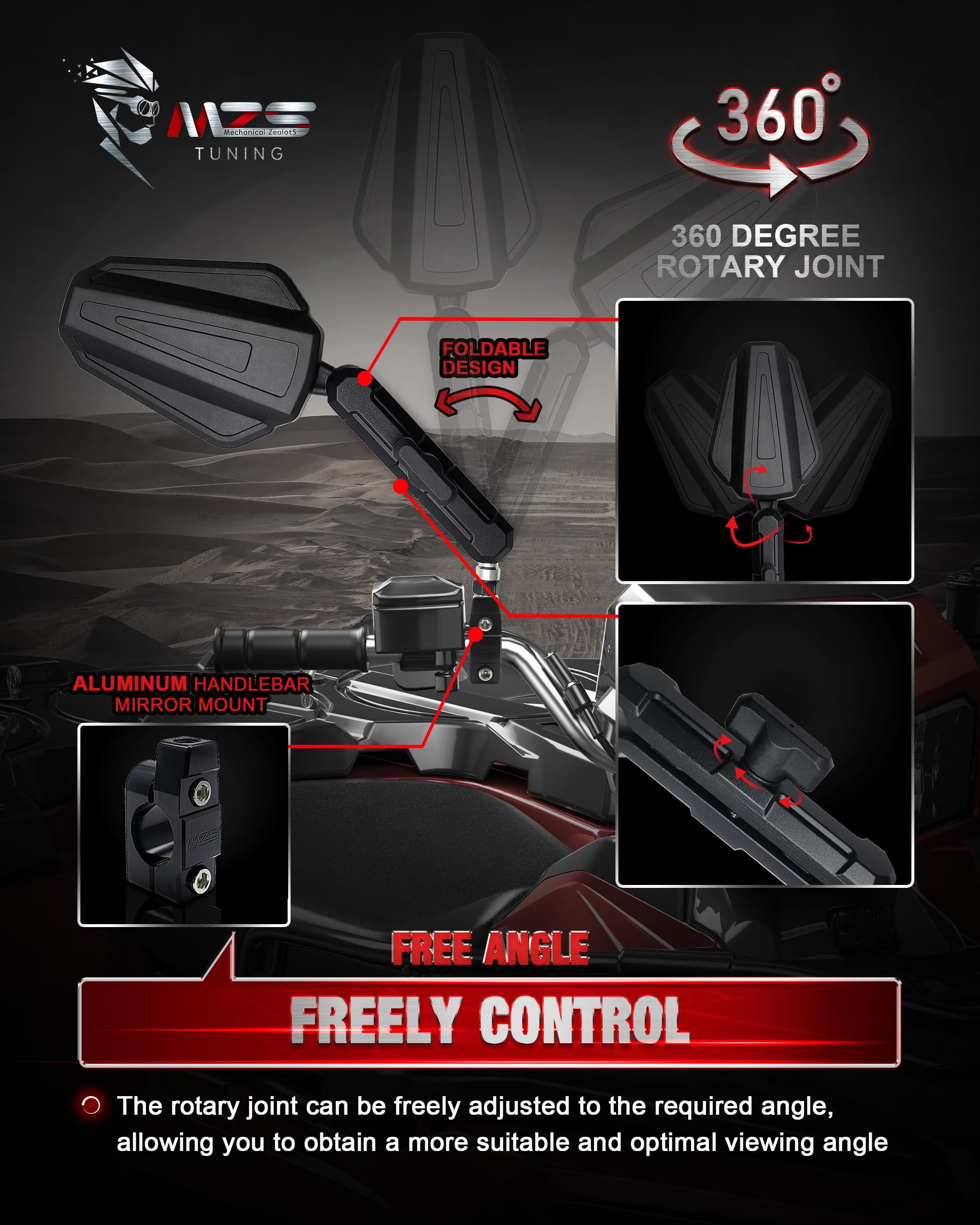 Mzs Adventure Motorcycle Mirrors, 10Mm 8Mm Foldable Motorbike Rear View Handlebar Side Mirror With Aluminum Mount Black Fit For