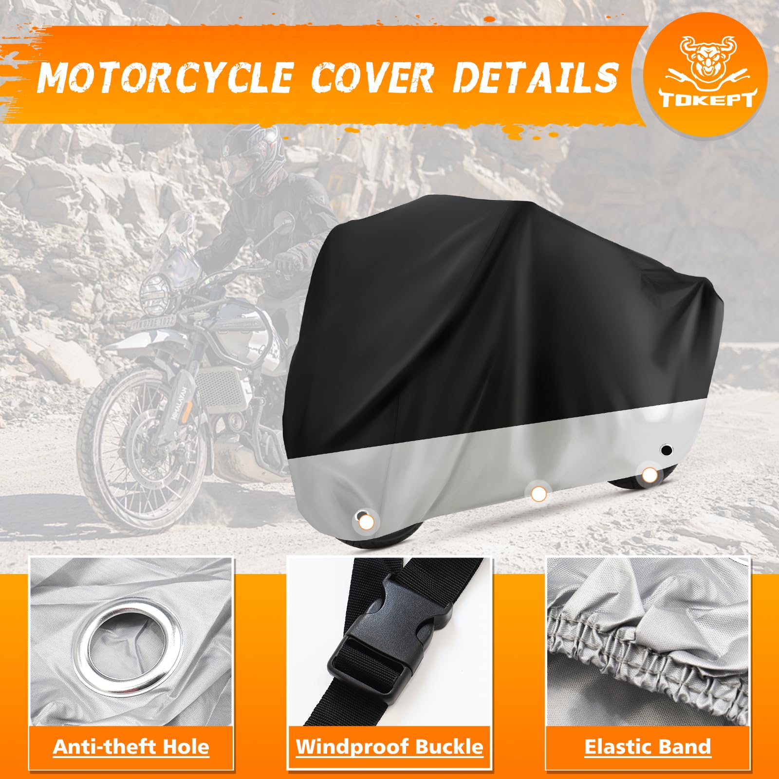 Tokept Motorcycle Cover Waterproof Outdoor Protection with Lock-Holes & Storage Bag Fits up to 116 Motorcycles Vehicle Cover f