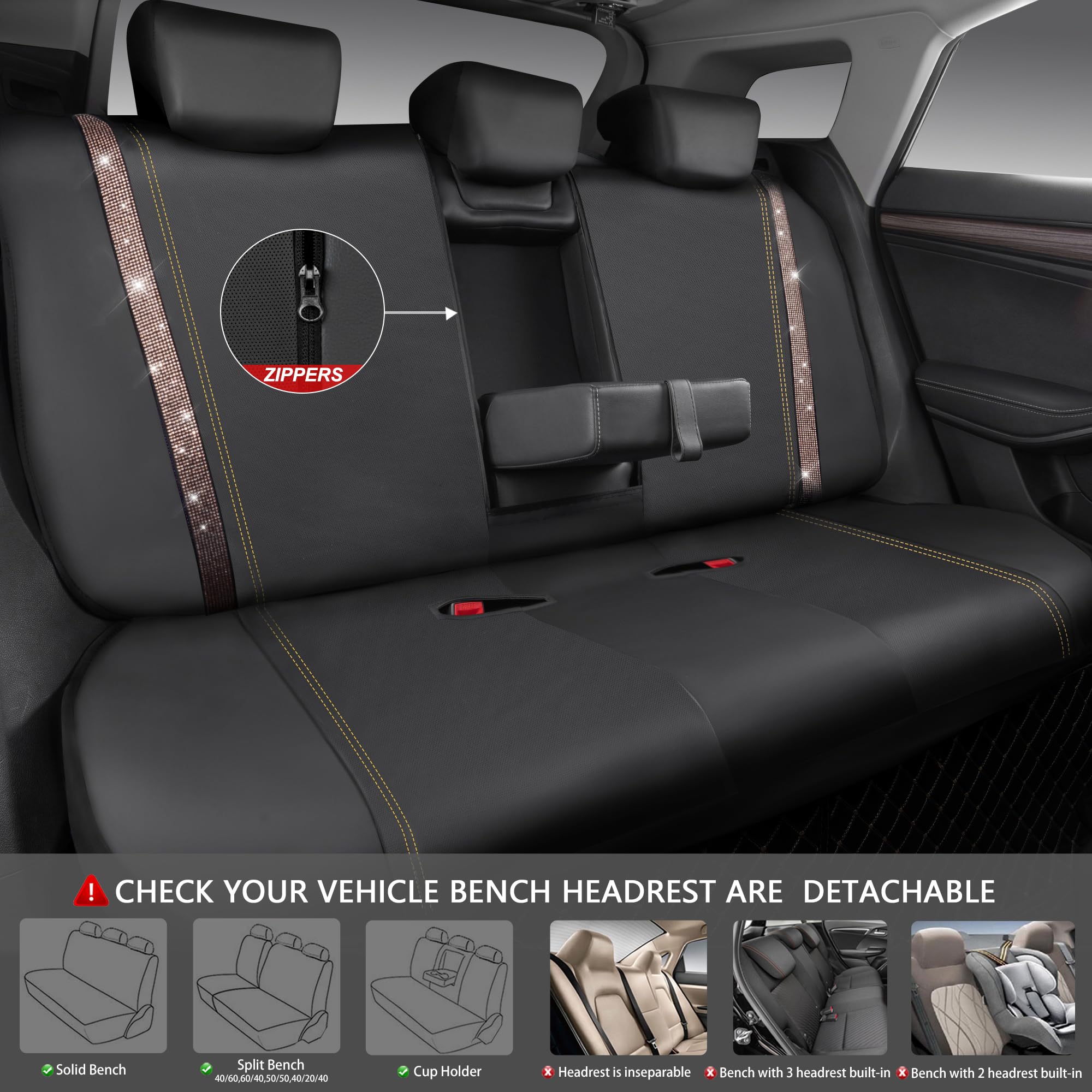 Car Pass Bling Car Seat Covers Full Sets, Shining Rhinestone Diamond Waterproof Faux Leather, With Zipper, Universal Fit Automot