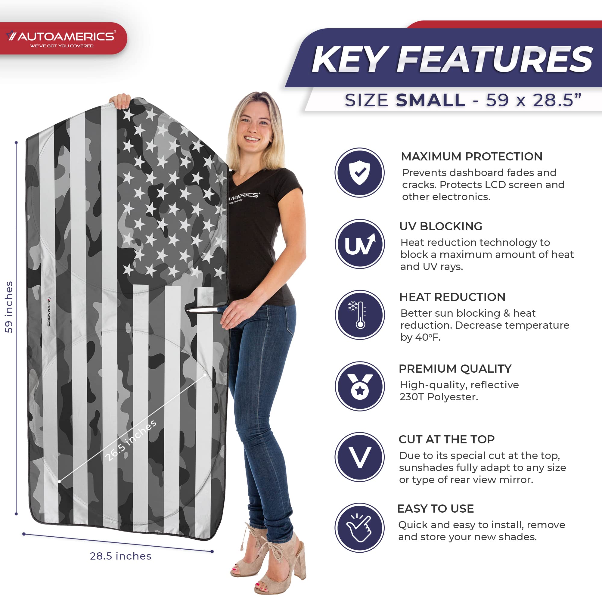Autoamerics 1-Piece Windshield Sun Shade Gray Camo American Flag Usa Design - Foldable Car Front Window Sunshade For Most Sedans