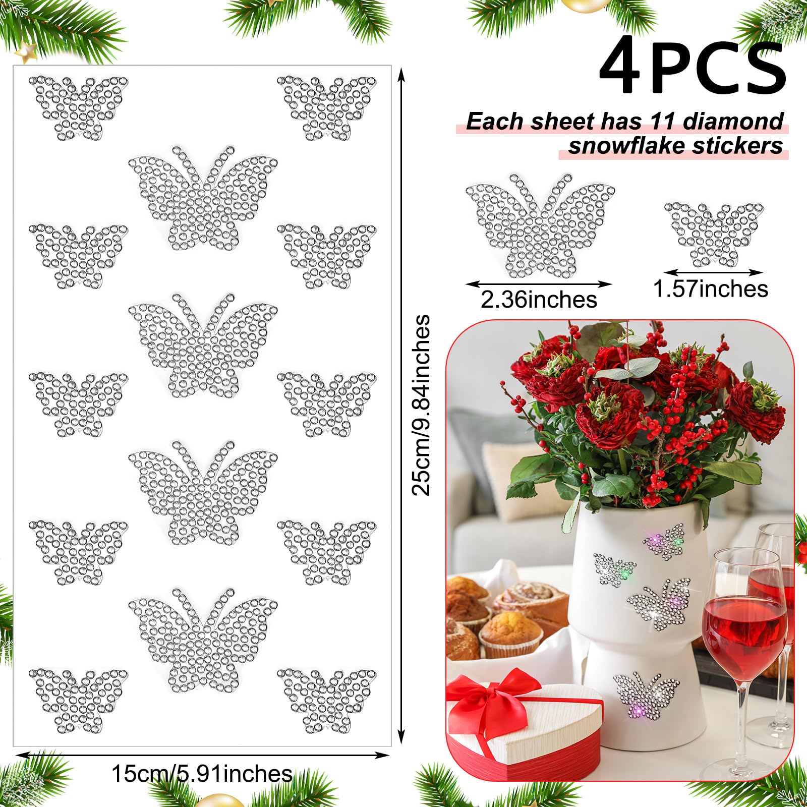 56 Pcs Rhinestone Butterfly Stickers Glitter Bling Butterfly Decals Crystal Self Adhesive Sticker For Christmas Handicrafts Holi