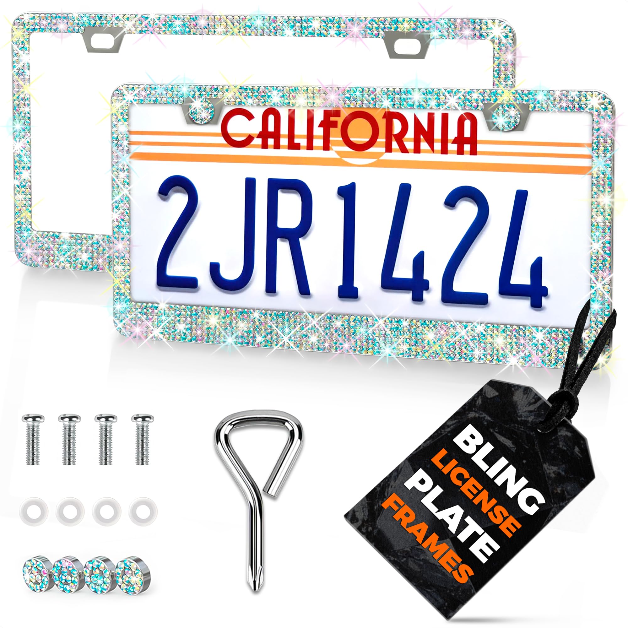2 Pack Bling License Plate Frames for Women - Sparkling Rhinestone License Plate Frame (12.16'' x 6.18'') with Screws & Caps for