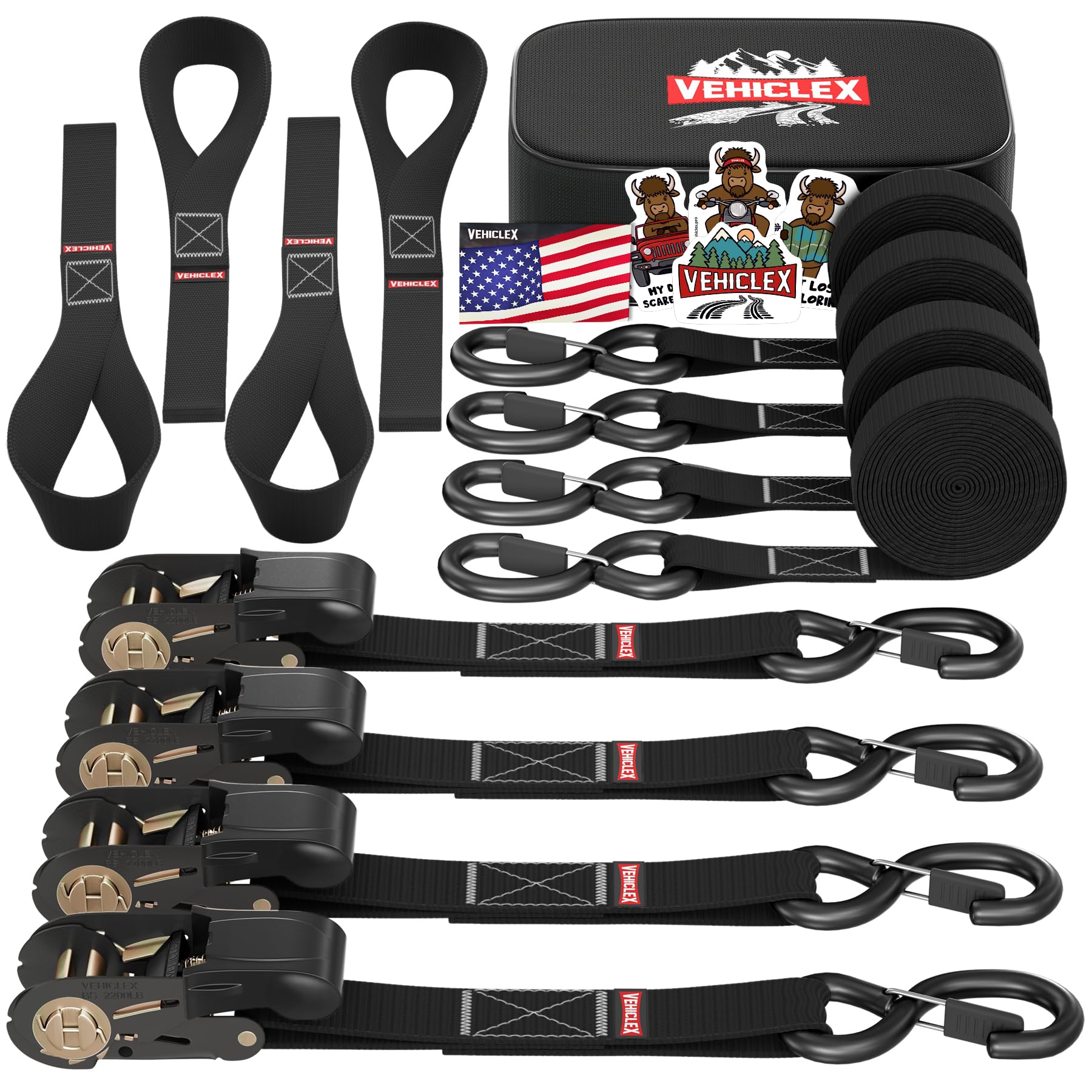 Ratchet Tie-Down Straps Set - (1' X 15', 2200Lbs Breaking Strength) - Vehiclex Soft Loops, Coated S-Hooks, Storage Bag For Atv, Motorcycle, Bicycle, Kayak, Cargo Securing, Black