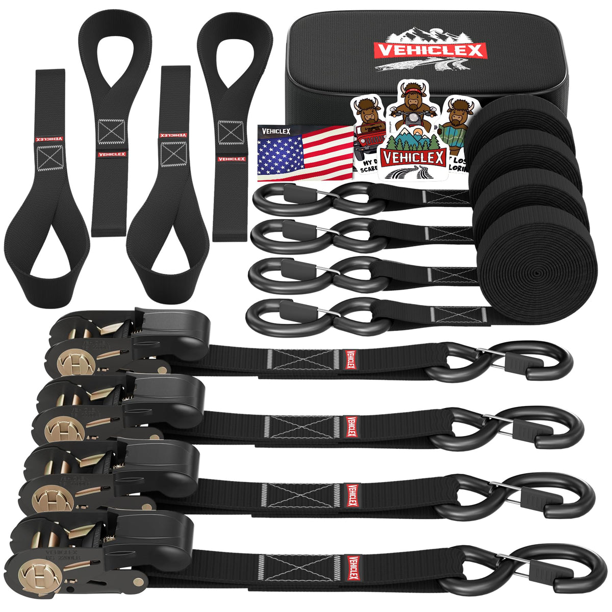 Ratchet Tie-Down Straps Set - (1' X 15', 2200Lbs Breaking Strength) - Vehiclex Soft Loops, Coated S-Hooks, Storage Bag For Atv, Motorcycle, Bicycle, Kayak, Cargo Securing, Black