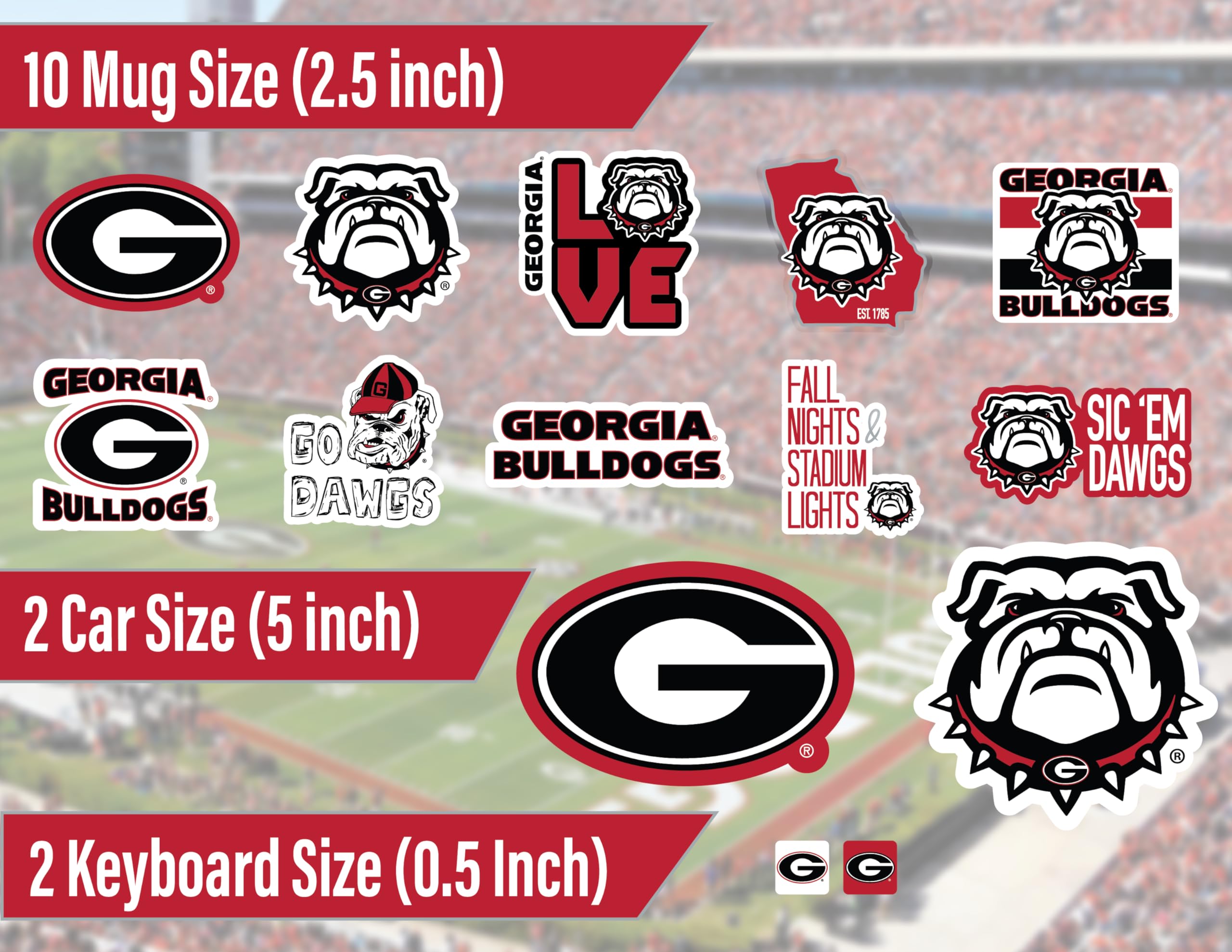 Georgia Stickers (14 Uga Stickers) 2 Large 5'' For Car Windows 10 Medium 2.5'' For Water Bottles Laptops Phones And 2 Mini Keybo